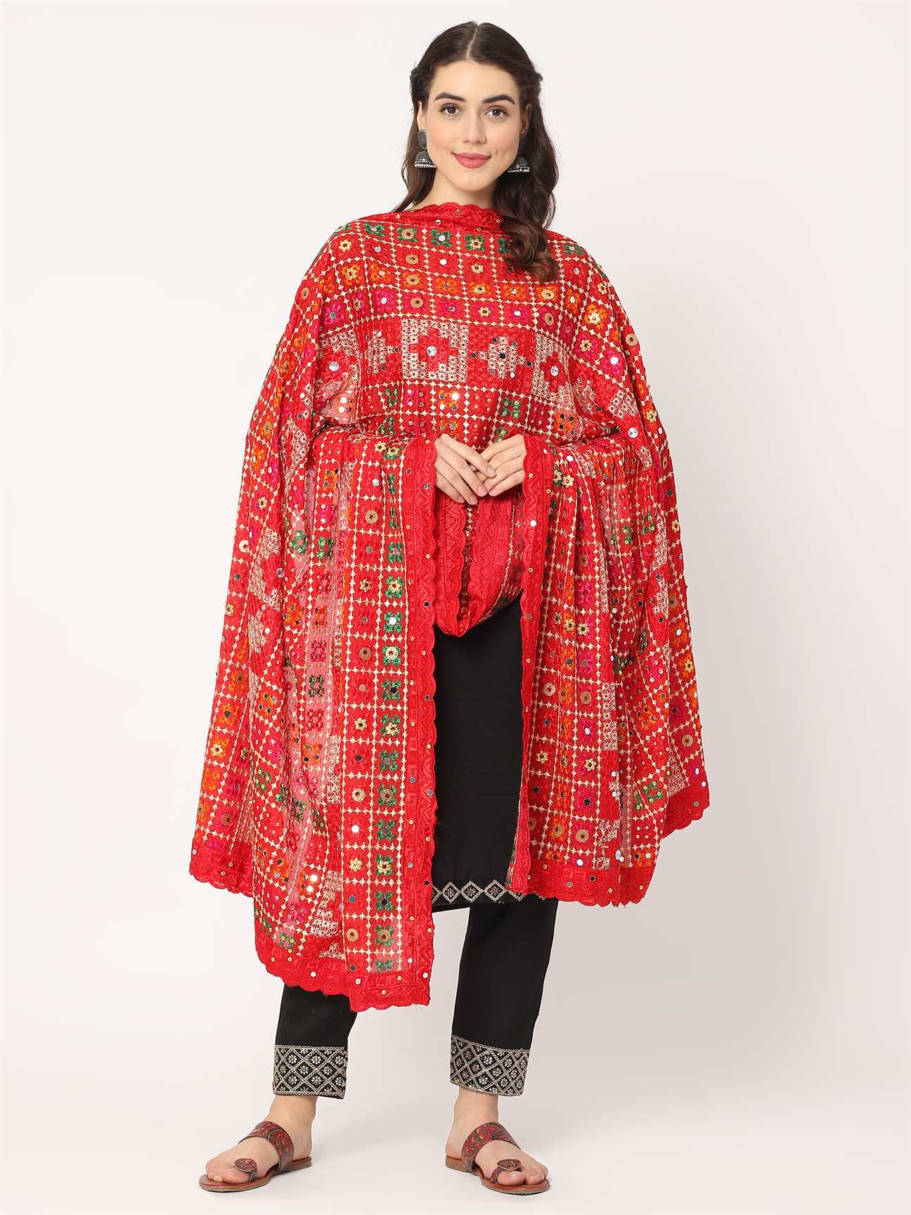 red-mullticolour-check-design-embroidery-phulkari-dupatta-with-mirror-MCRCPD0193