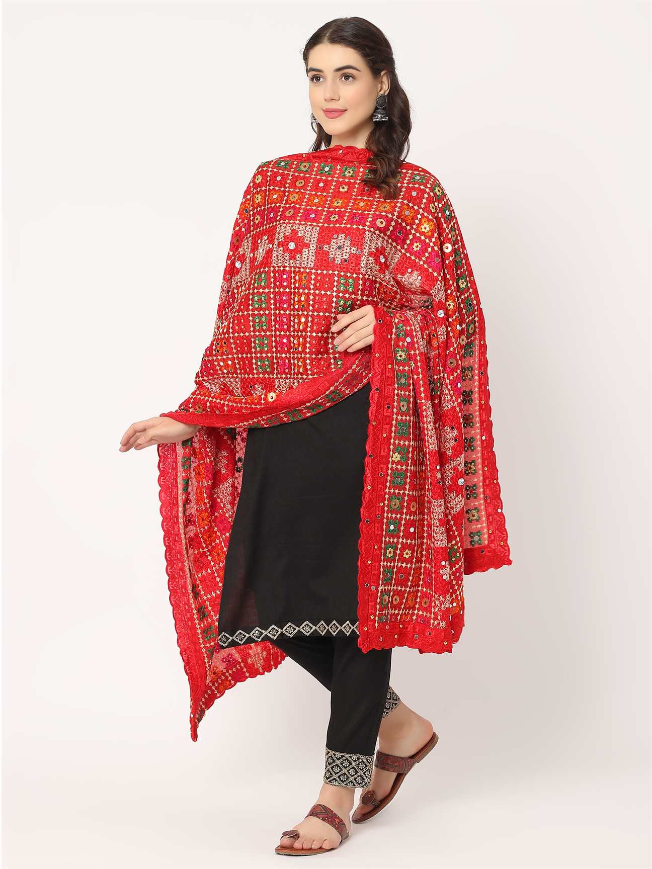 red-mullticolour-check-design-embroidery-phulkari-dupatta-with-mirror-MCRCPD0193