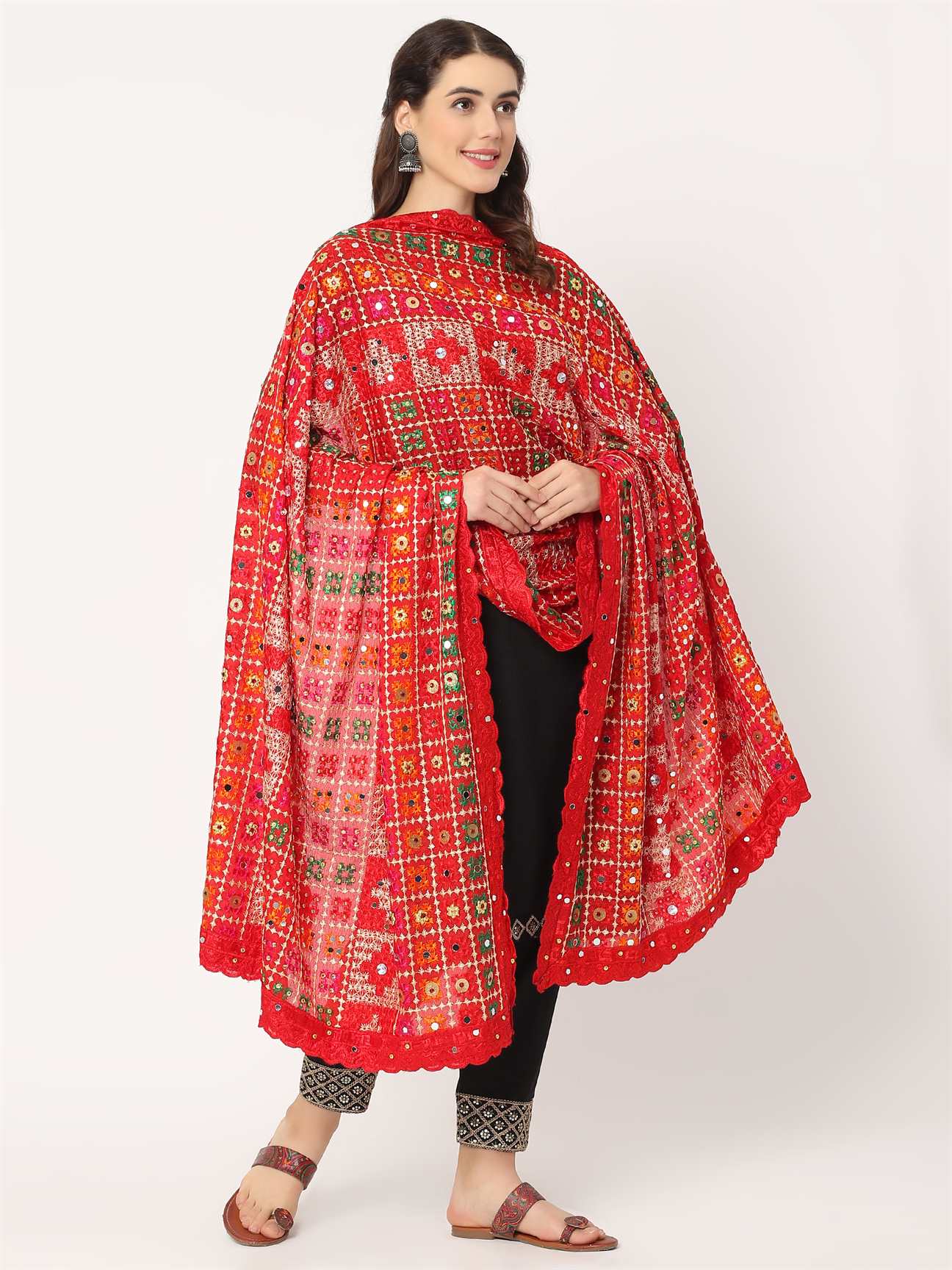 red-mullticolour-check-design-embroidery-phulkari-dupatta-with-mirror-MCRCPD0193