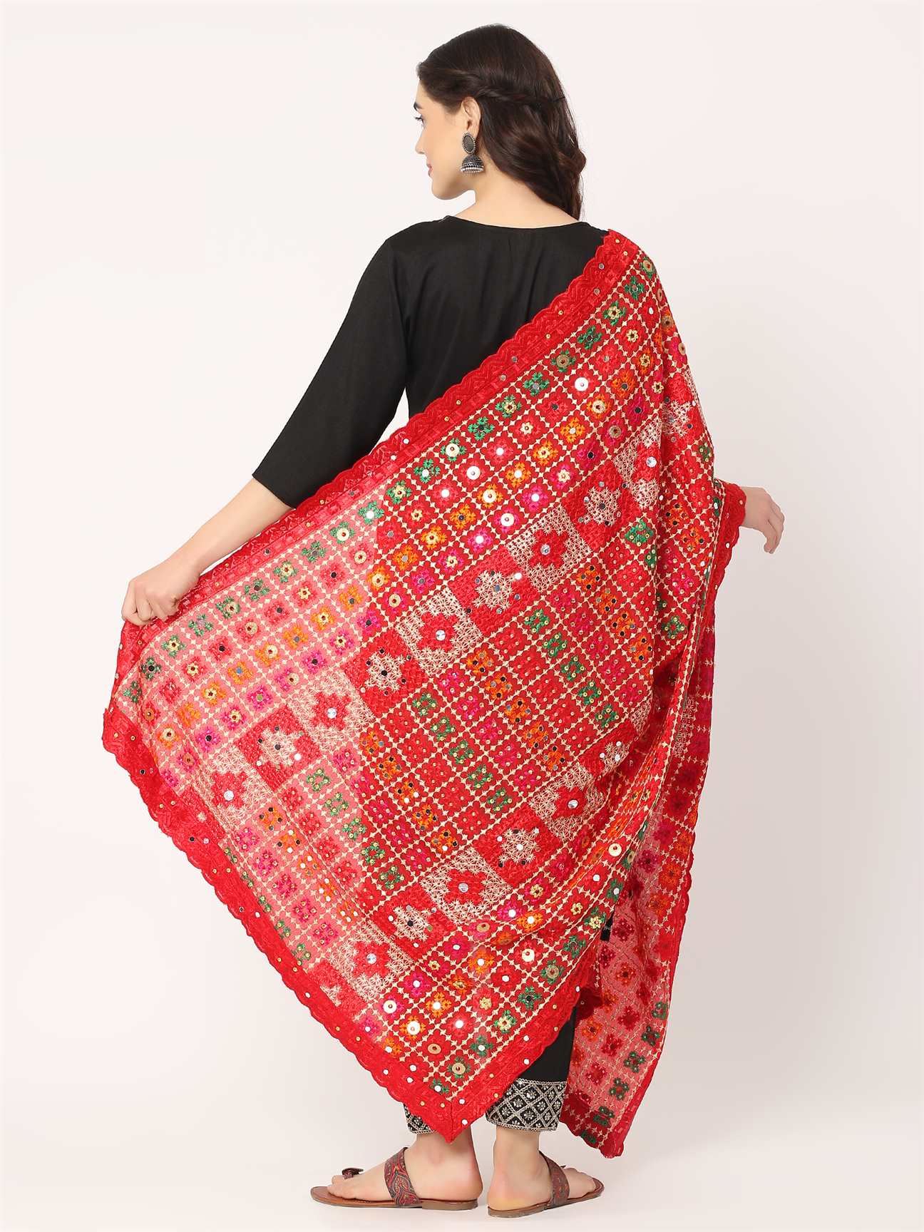 red-mullticolour-check-design-embroidery-phulkari-dupatta-with-mirror-MCRCPD0193