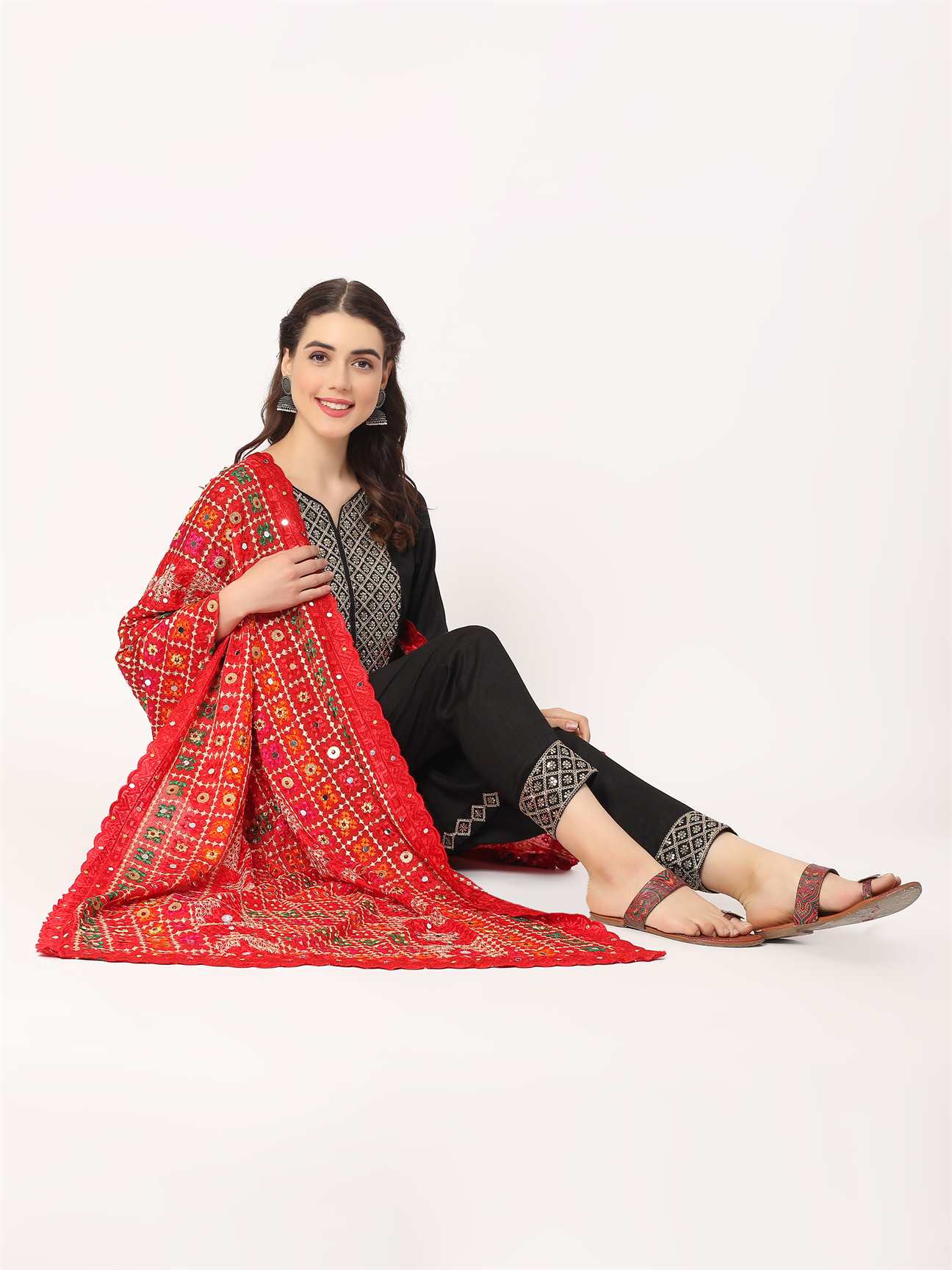 red-mullticolour-check-design-embroidery-phulkari-dupatta-with-mirror-MCRCPD0193