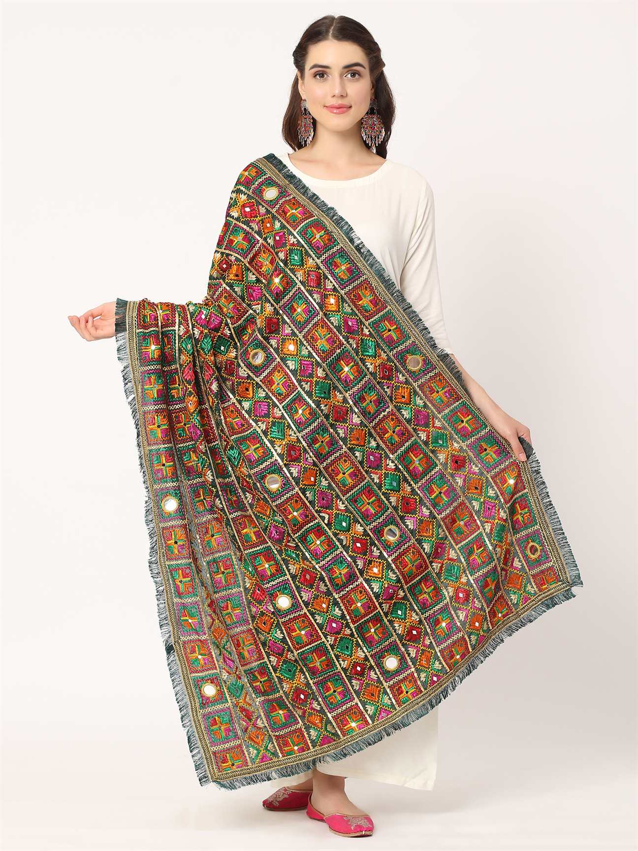 green-mullticolour-embroidery-phulkari-dupatta-with-mirror-work-MCRCPD0195B