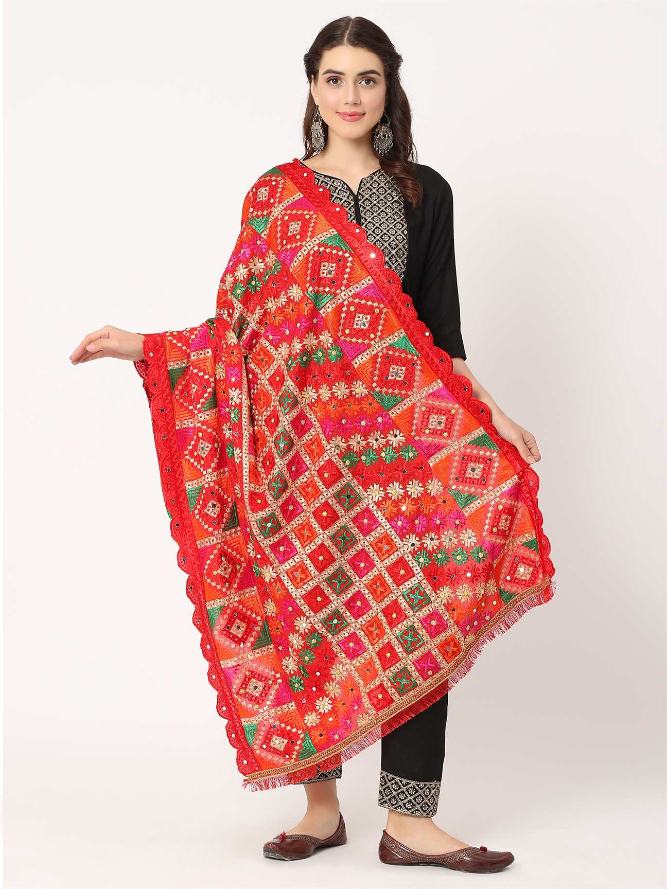 red-check-design-mullticolour-embroidery-phulkari-dupatta-with-beads-MCRCPD0198