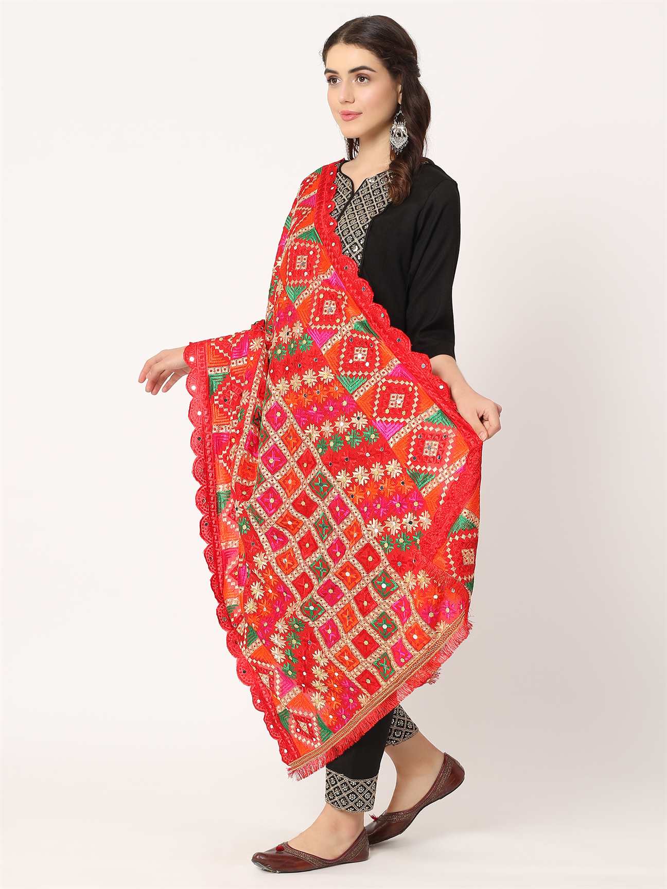 red-check-design-mullticolour-embroidery-phulkari-dupatta-with-beads-MCRCPD0198