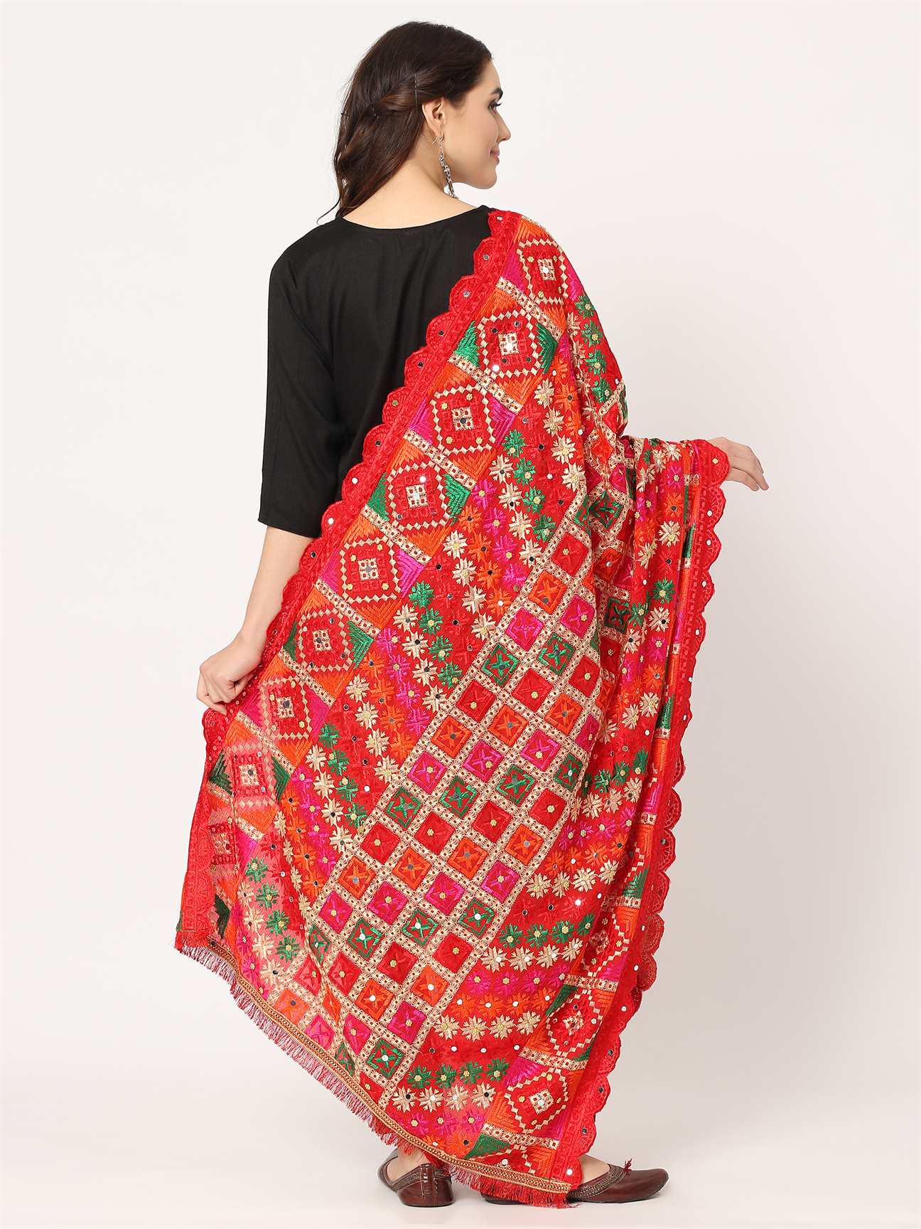 red-check-design-mullticolour-embroidery-phulkari-dupatta-with-beads-MCRCPD0198