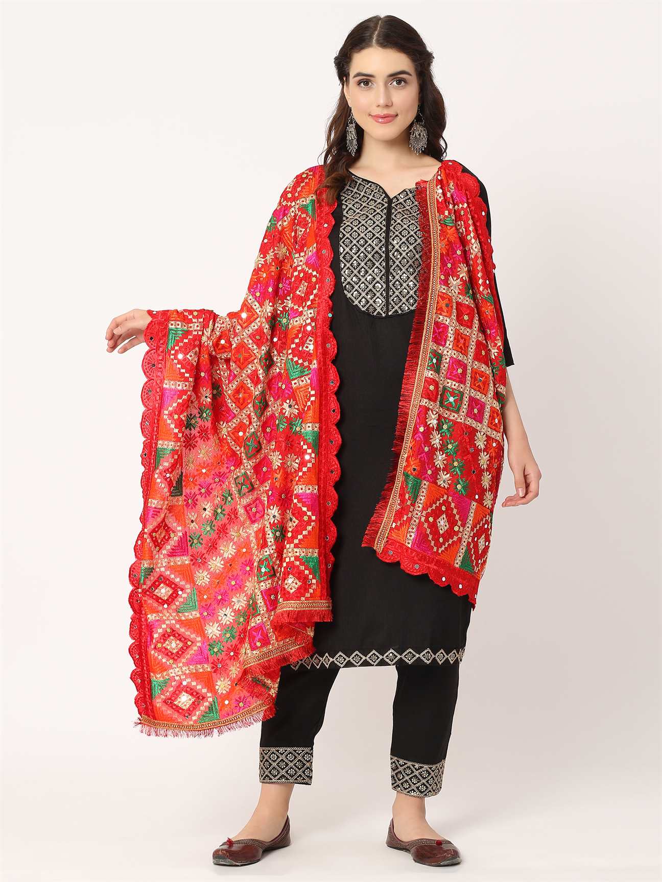 red-check-design-mullticolour-embroidery-phulkari-dupatta-with-beads-MCRCPD0198