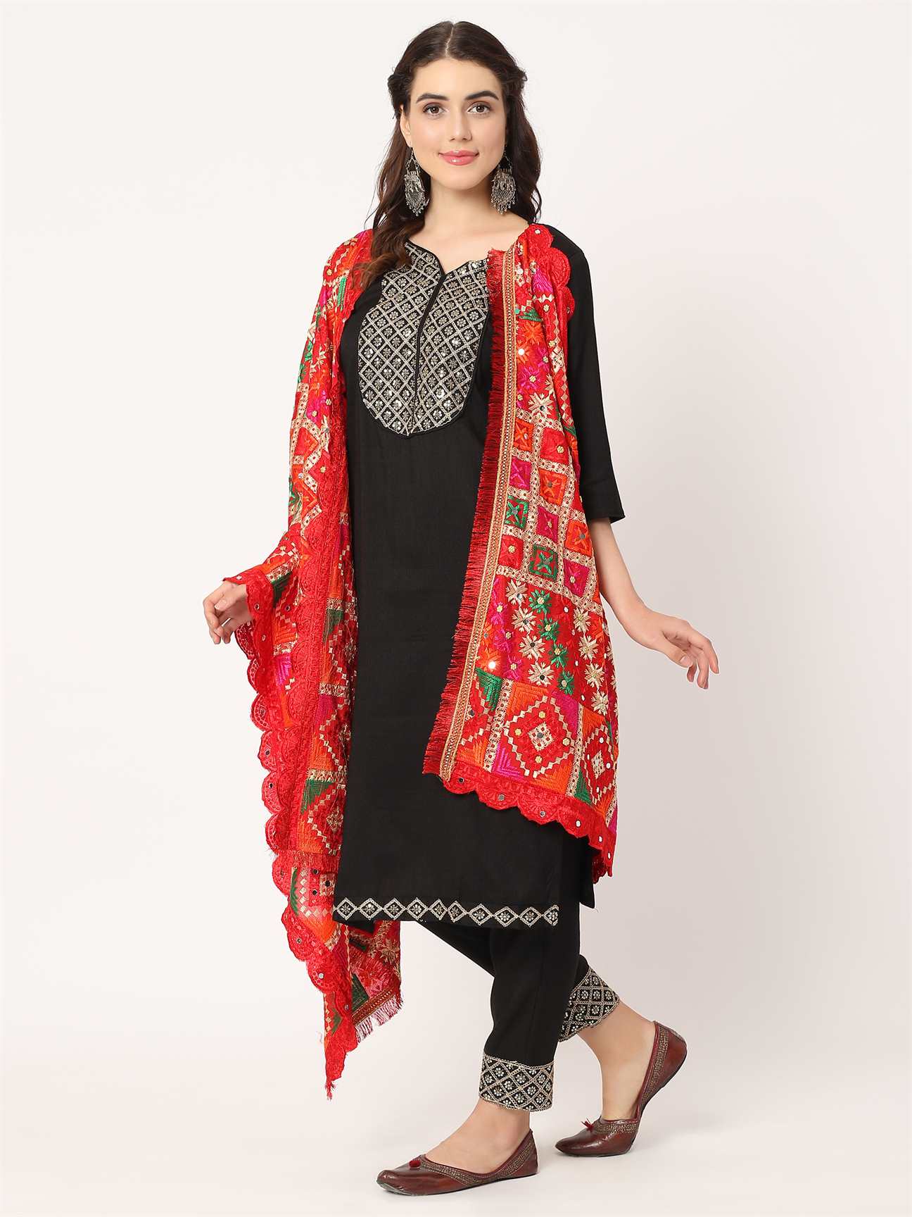 red-check-design-mullticolour-embroidery-phulkari-dupatta-with-beads-MCRCPD0198