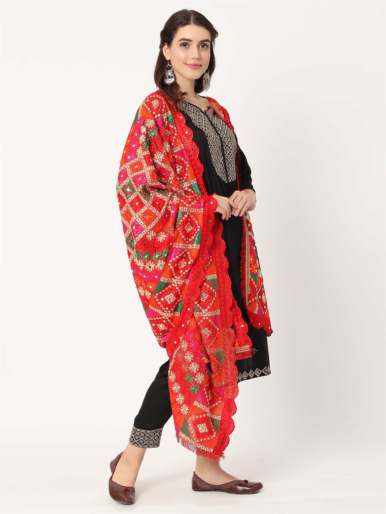 red-check-design-mullticolour-embroidery-phulkari-dupatta-with-beads-MCRCPD0198