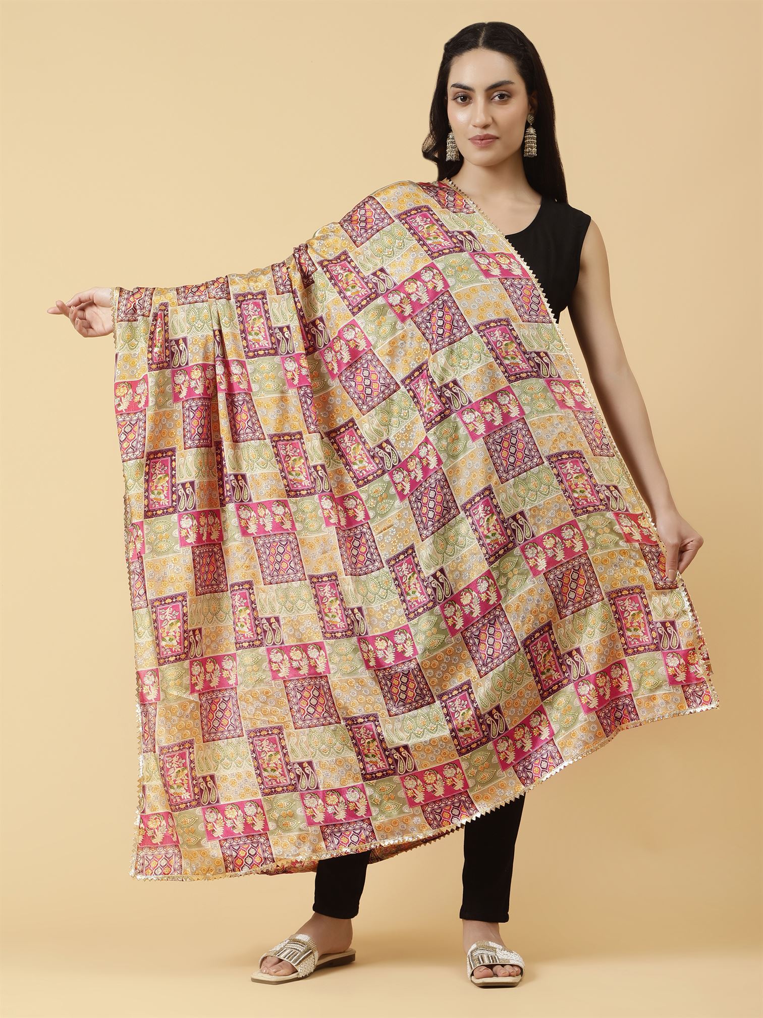 Digital Printed Dupatta with Golden Lace Multicolour | MCRCPD0226