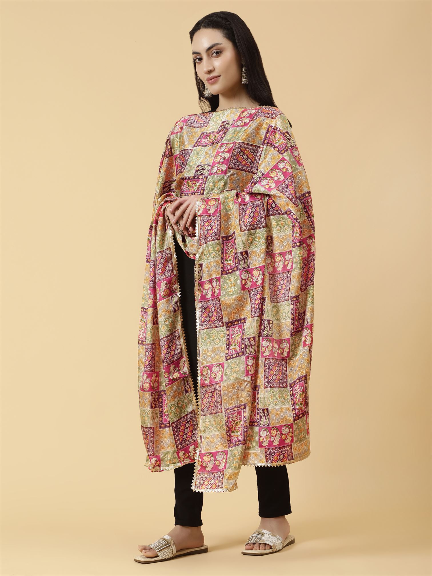 Digital Printed Dupatta with Golden Lace Multicolour | MCRCPD0226