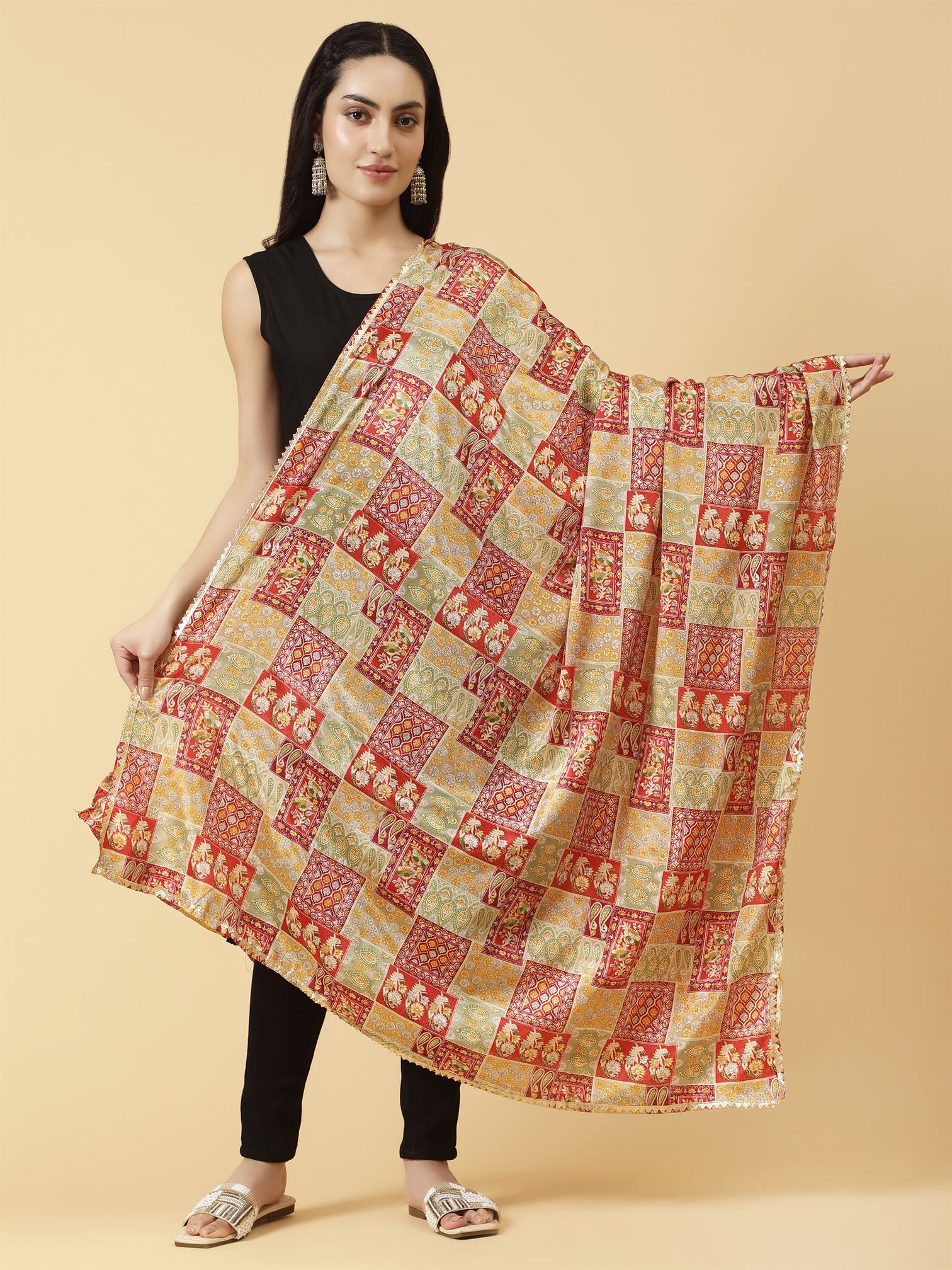 Digital Printed Dupatta with Golden Lace Multicolour | MCRCPD0227