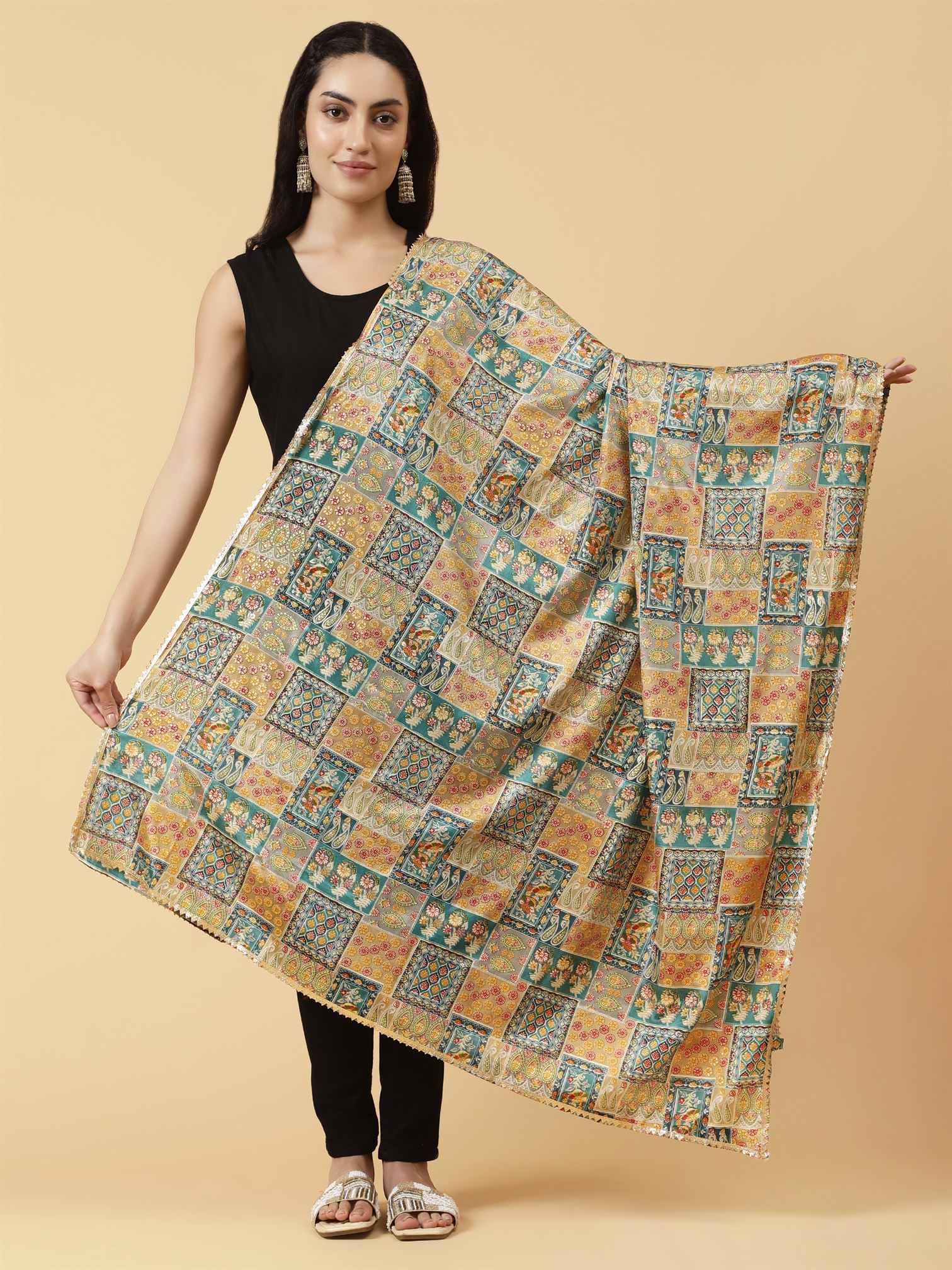 Digital Printed Dupatta with Golden Lace Multicolour | MCRCPD0228