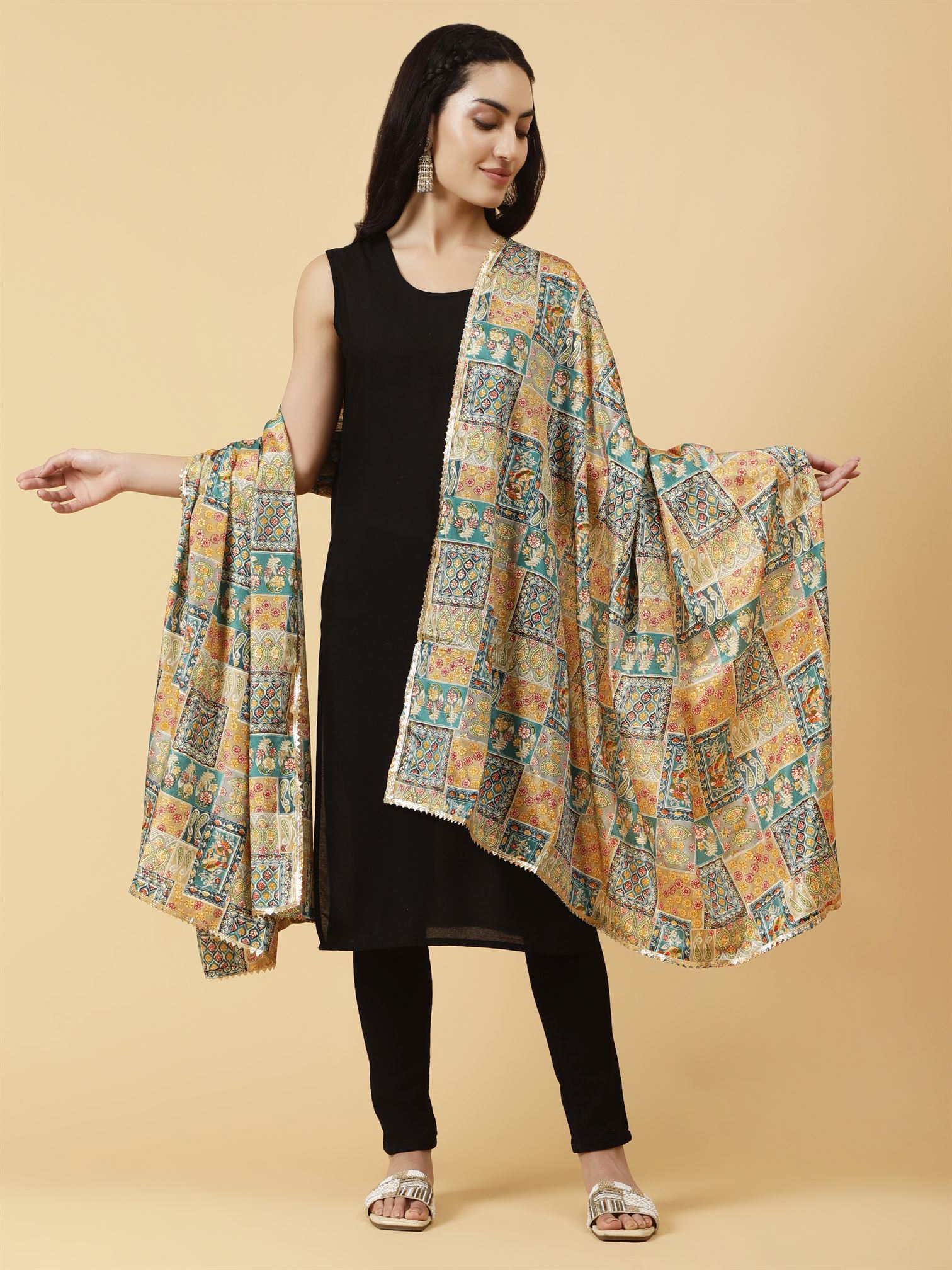 Digital Printed Dupatta with Golden Lace Multicolour | MCRCPD0228