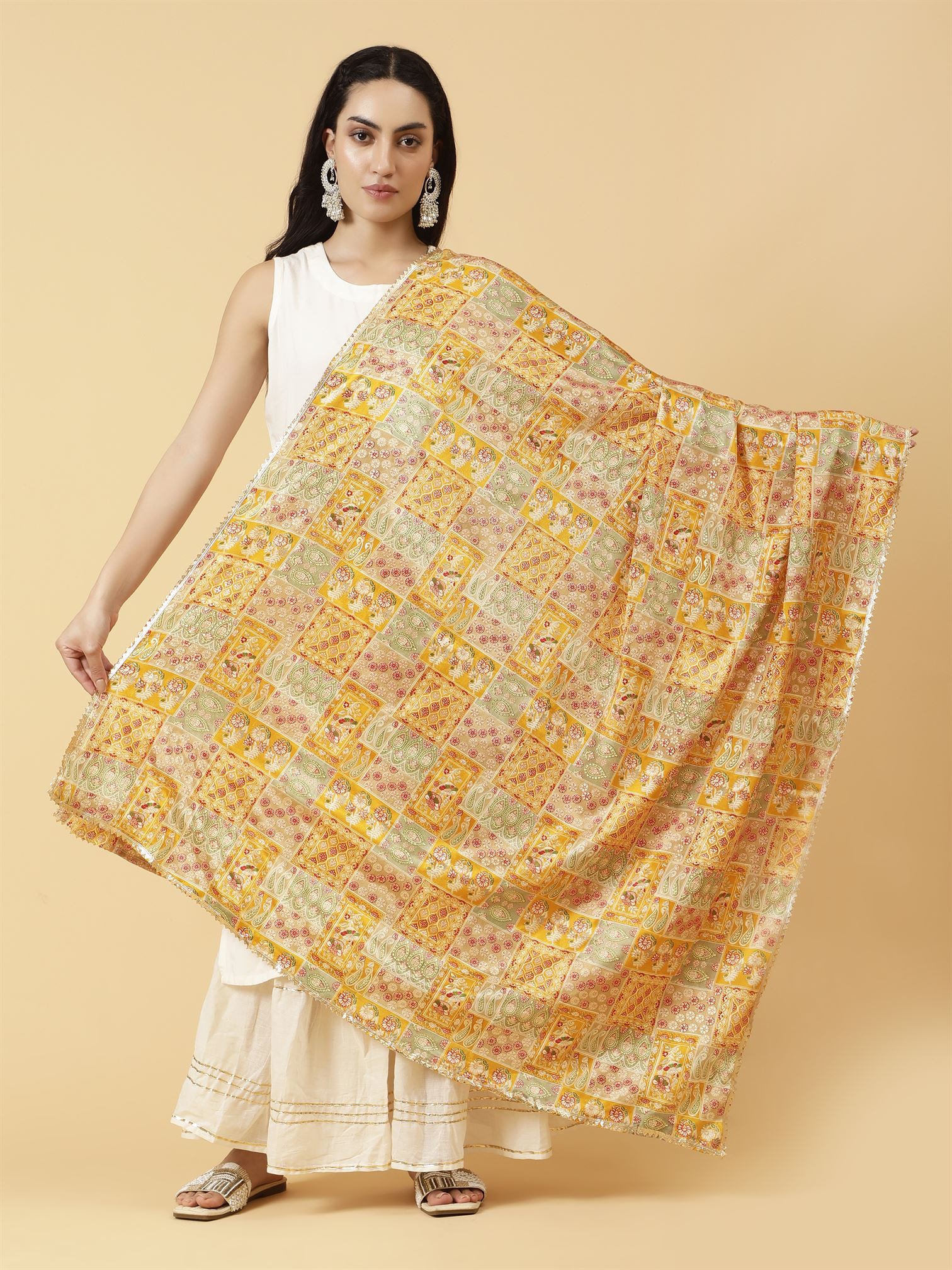 Digital Printed Dupatta with Golden Lace Multicolour | MCRCPD0229