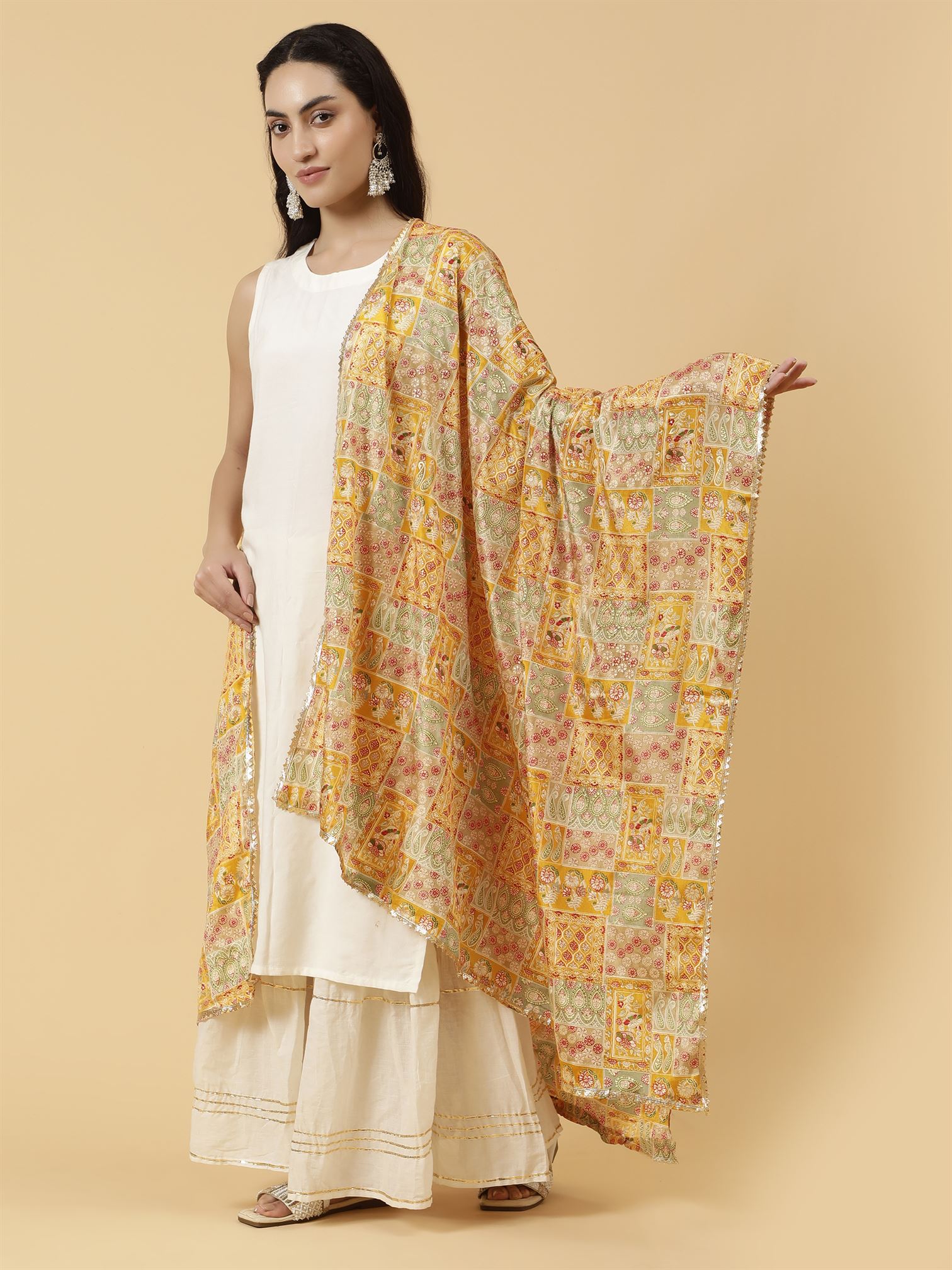 Digital Printed Dupatta with Golden Lace Multicolour | MCRCPD0229
