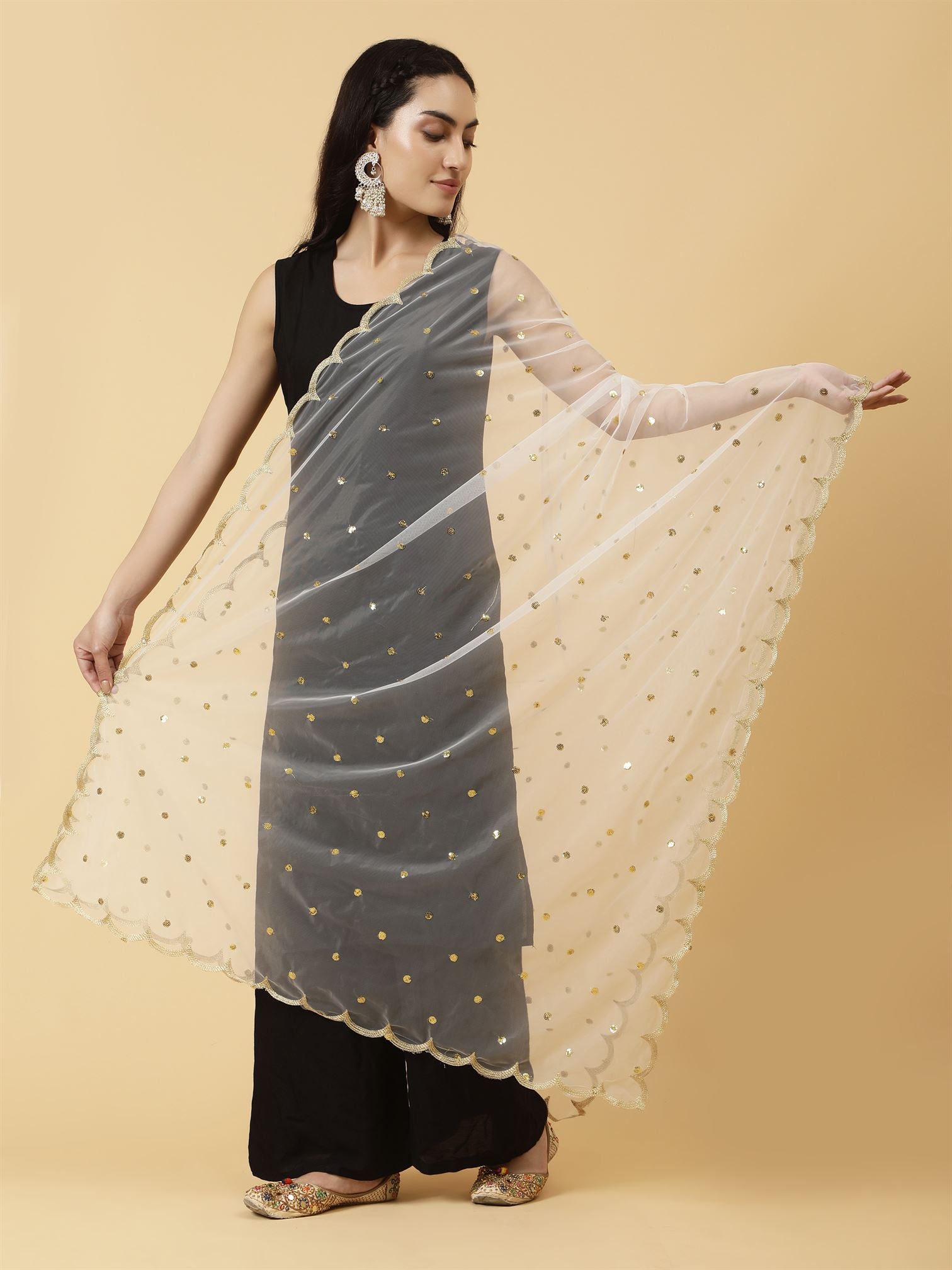 Golden Sequinned Embroidered Net Dupatta | MCRCPD0245