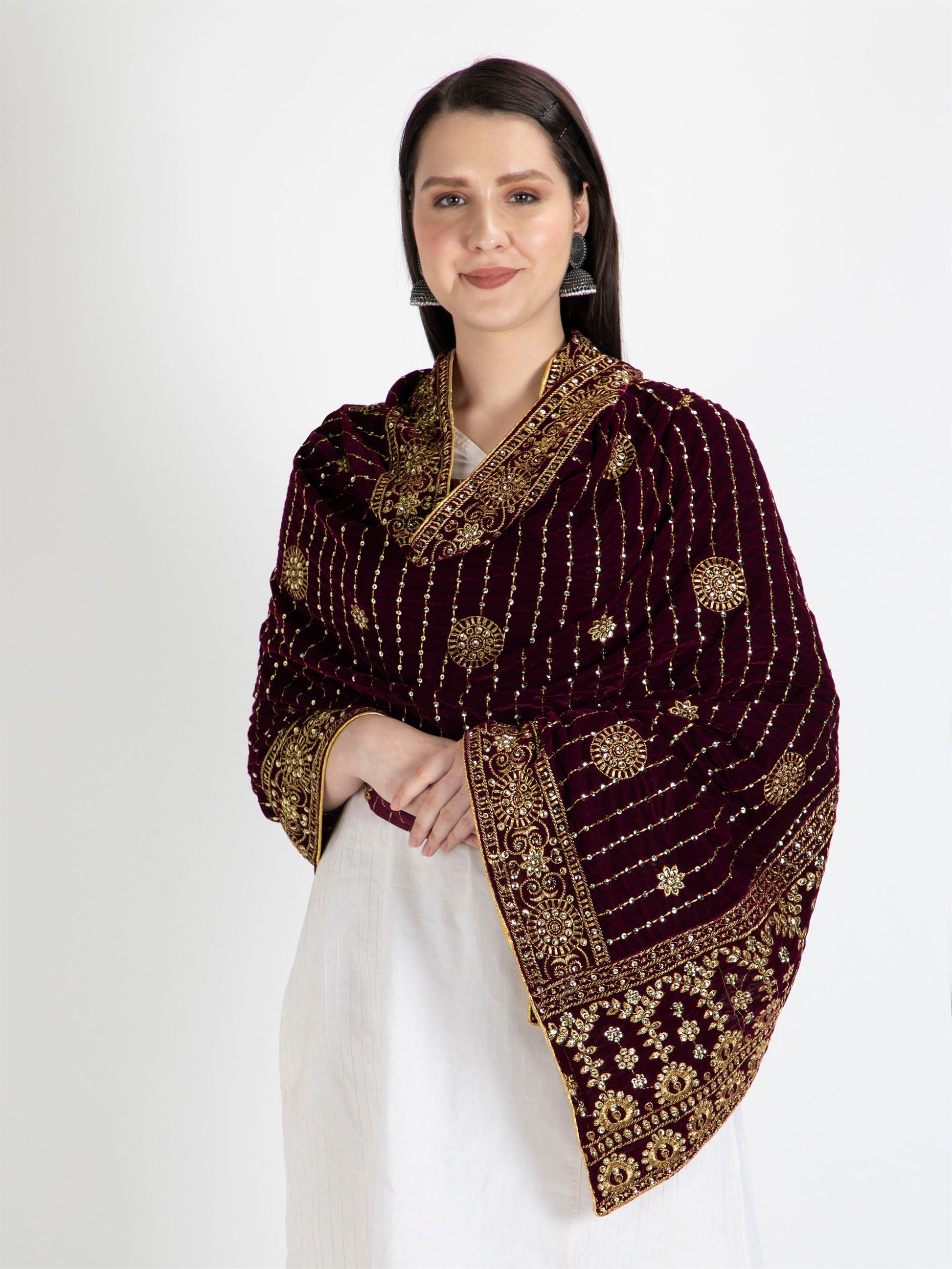 purple embroidered velvet dupatta-MCRCVD7002-5