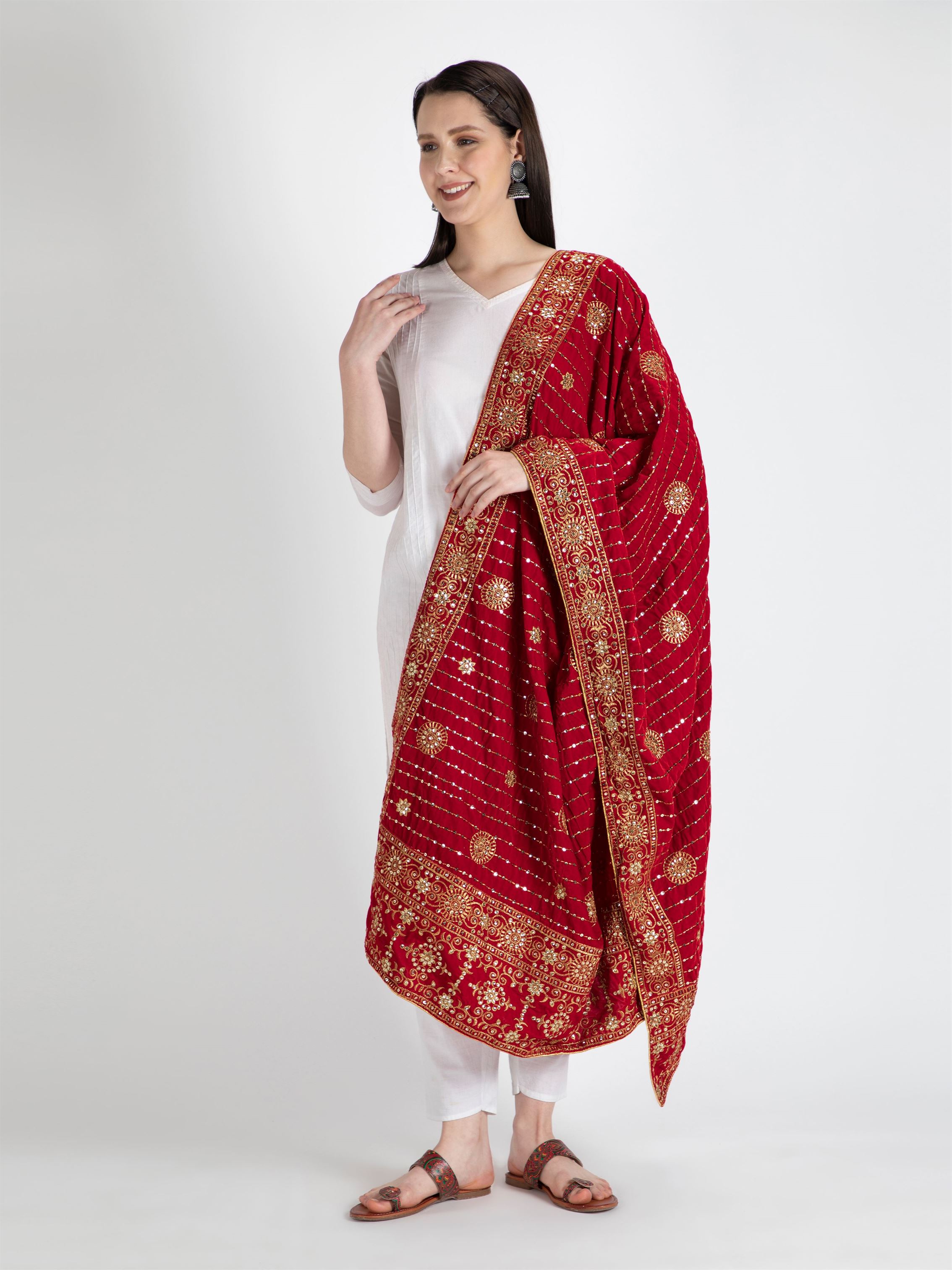 red embroidered velvet dupatta-MCRCVD7003-2