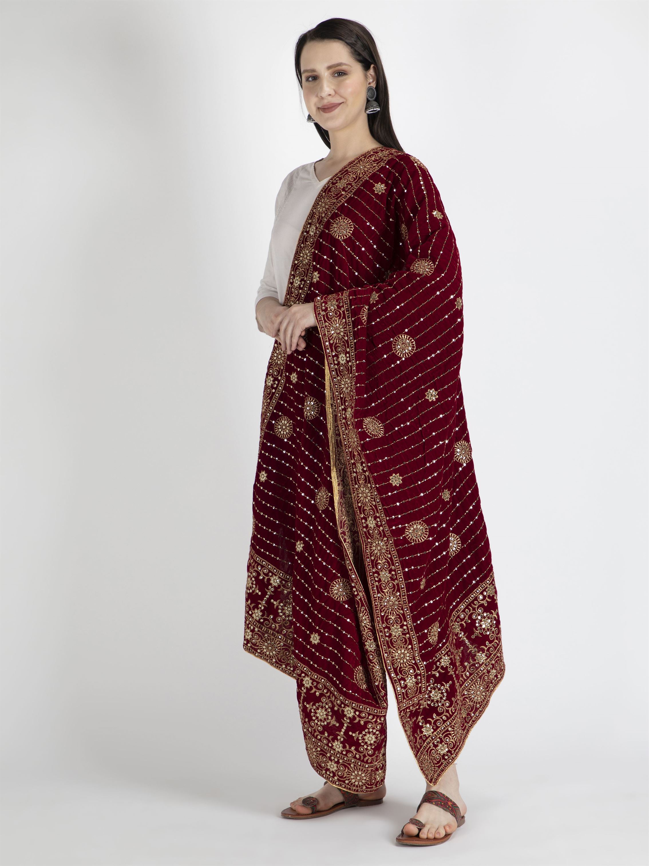 maroon embroidered velvet dupatta-MCRCVD7004-2