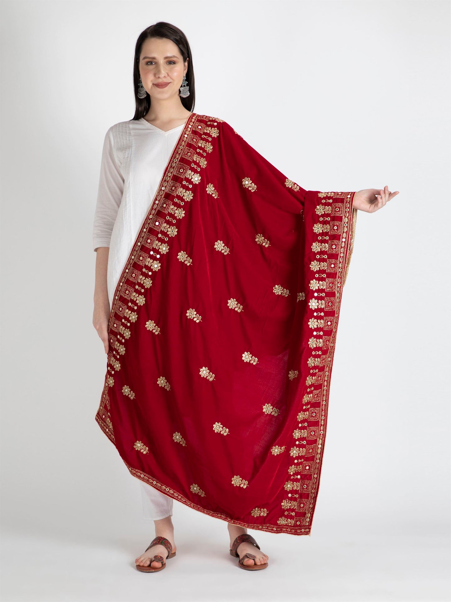 red embroidered velvet dupatta-MCRCVD7113-1