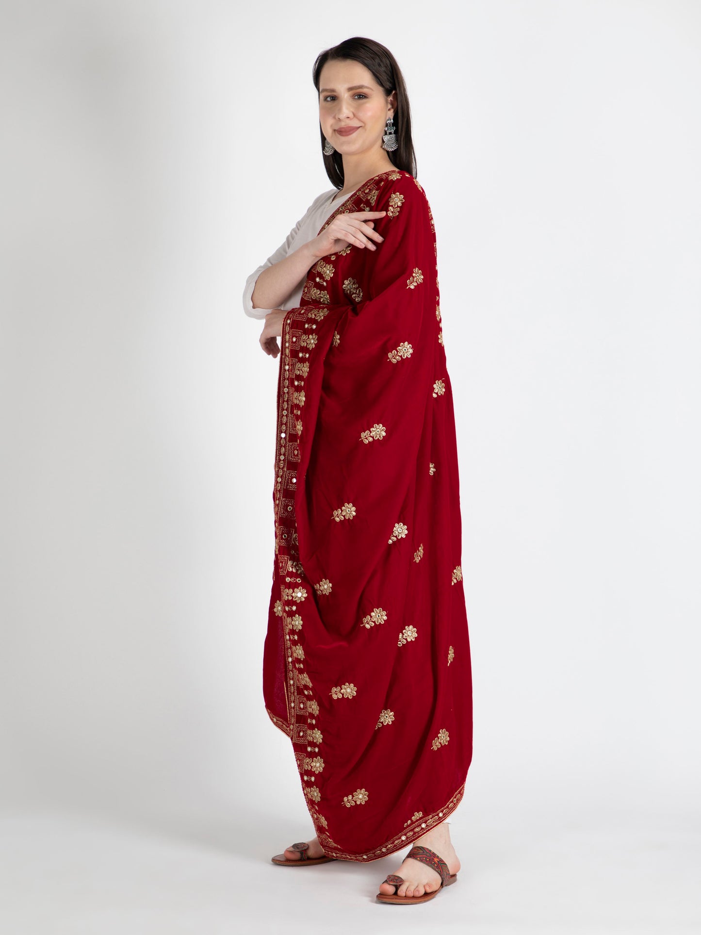 red embroidered velvet dupatta-MCRCVD7113-2