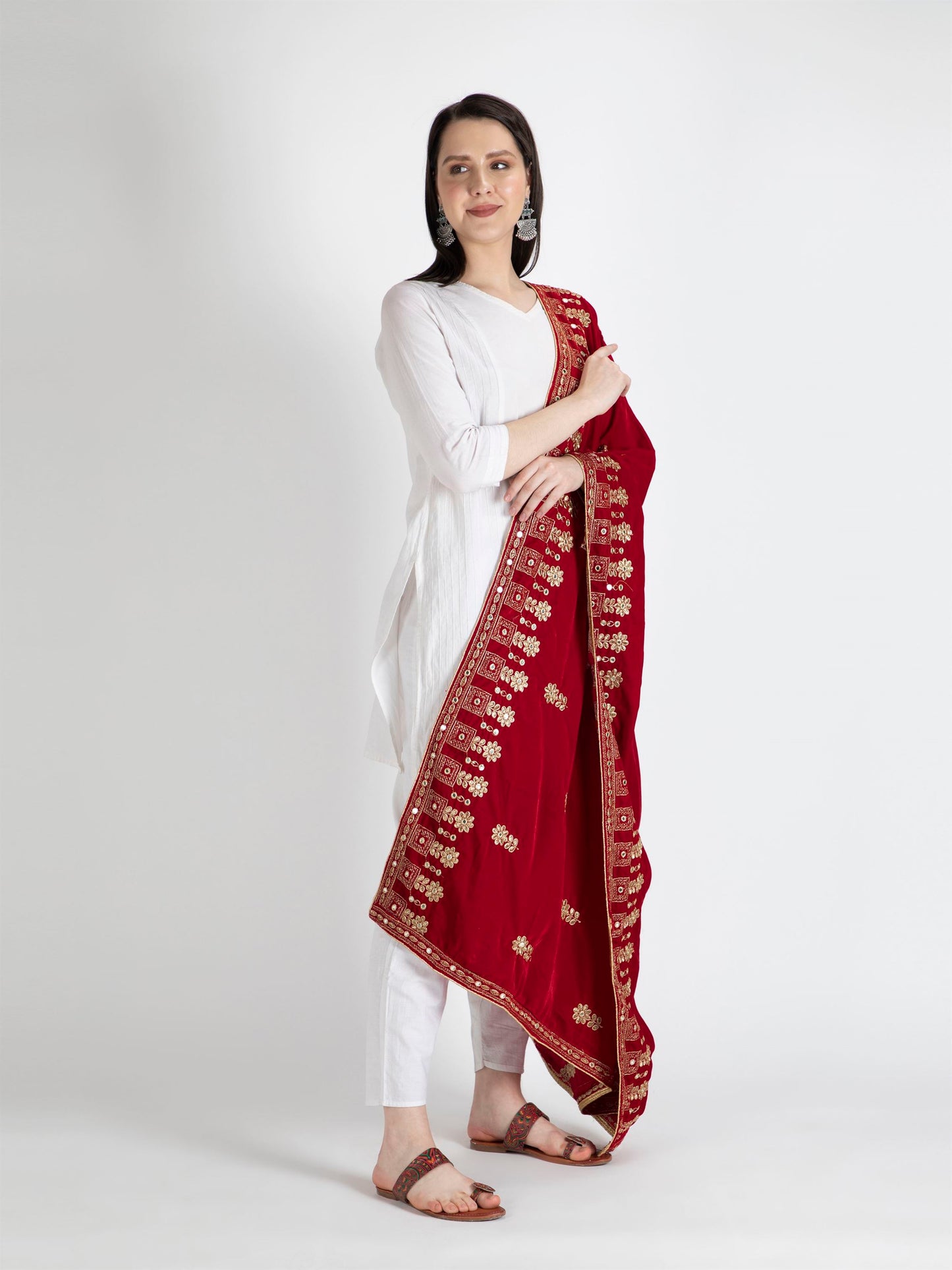 red embroidered velvet dupatta-MCRCVD7113-3