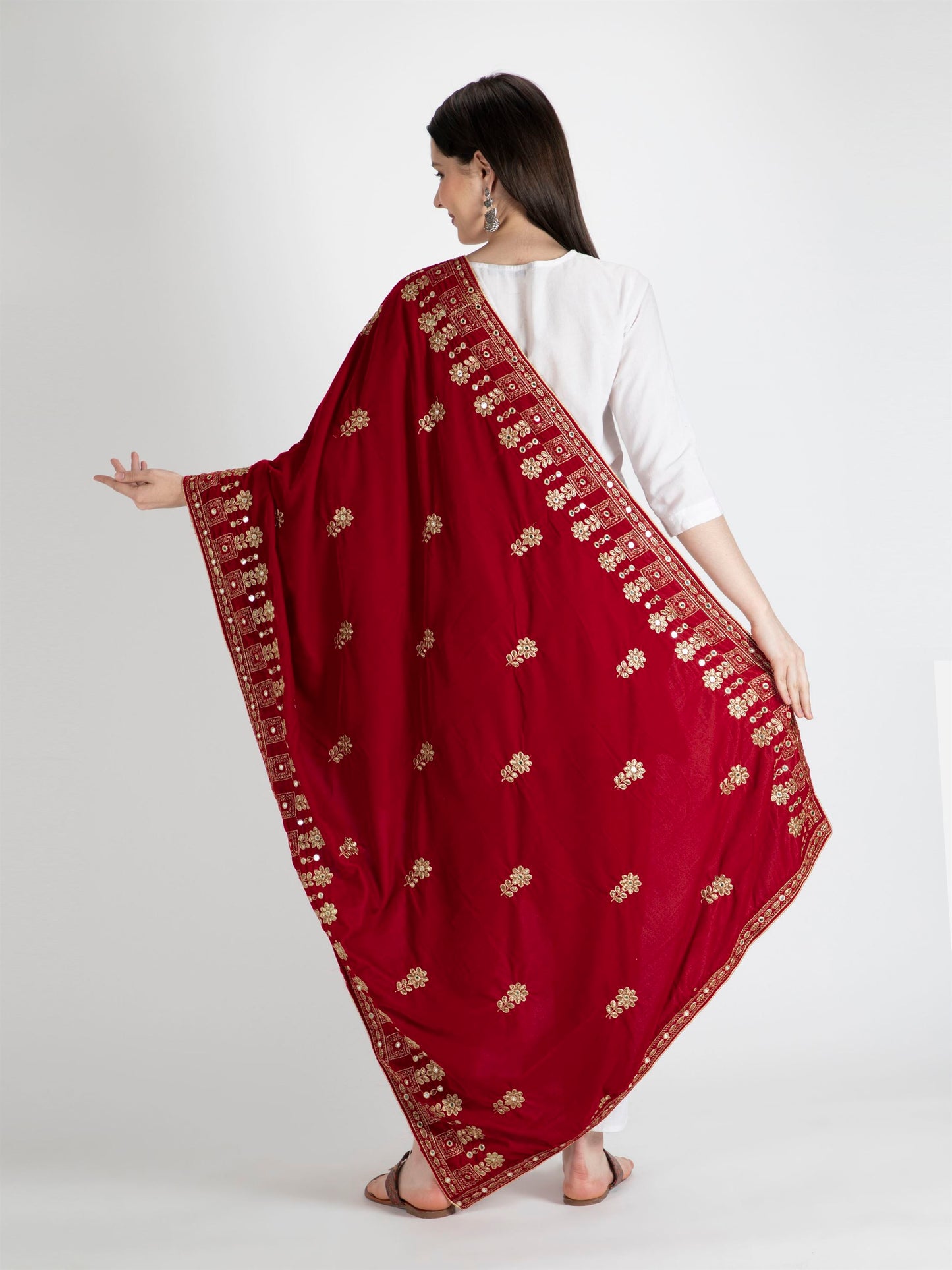 red embroidered velvet dupatta-MCRCVD7113-4