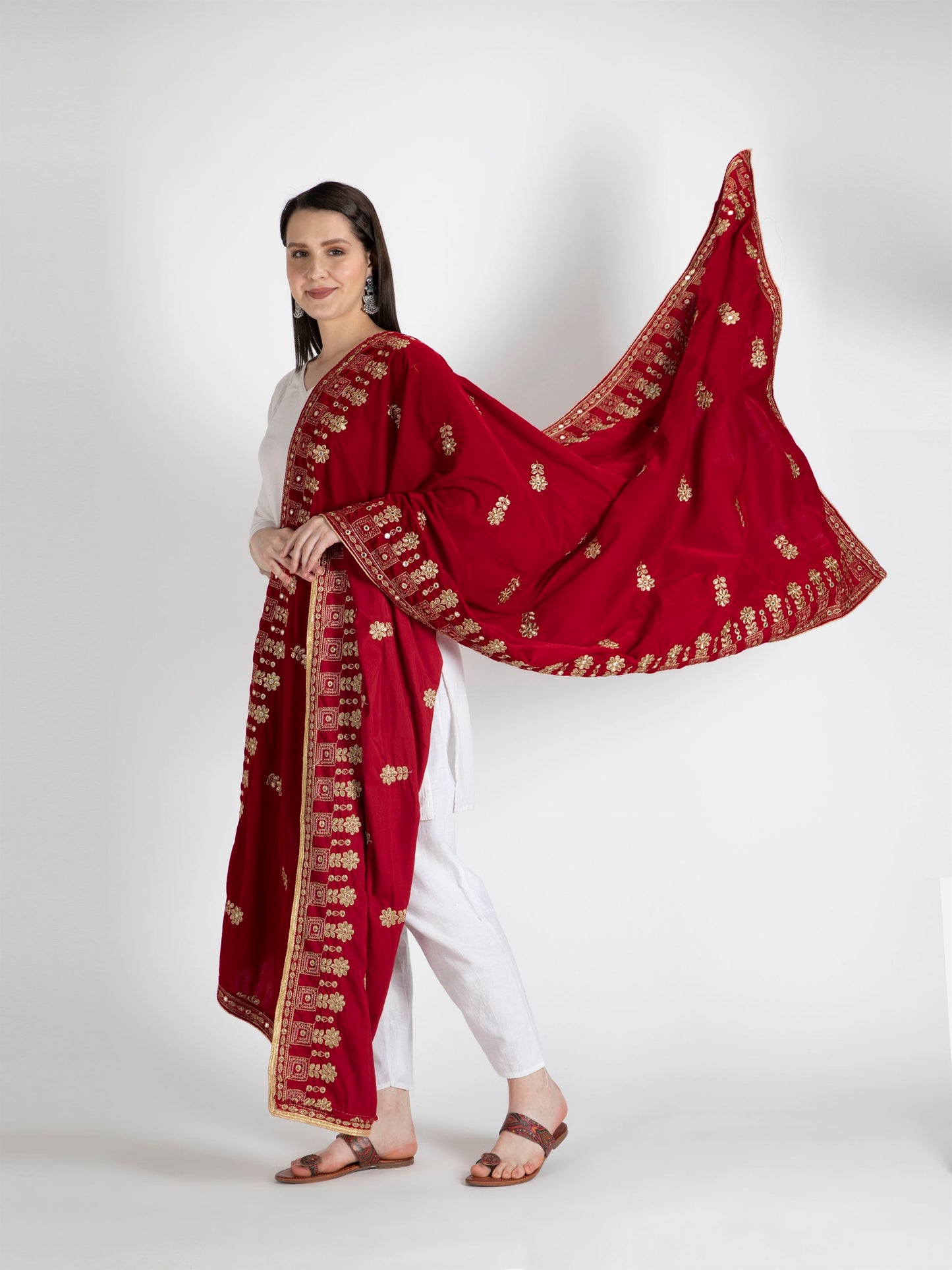 red embroidered velvet dupatta-MCRCVD7113-5