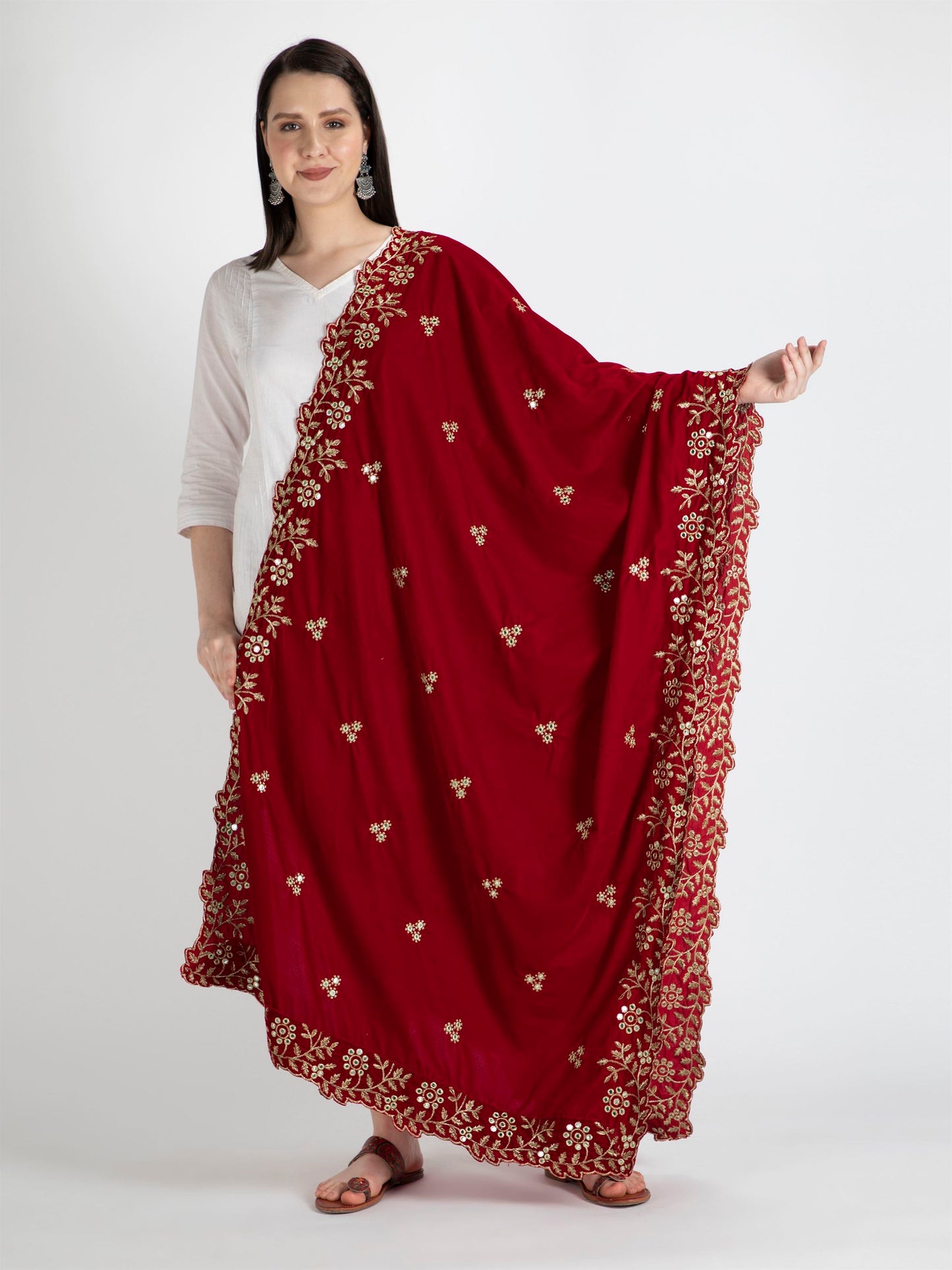 red embroidered velvet dupatta-MCRCVD7123-1