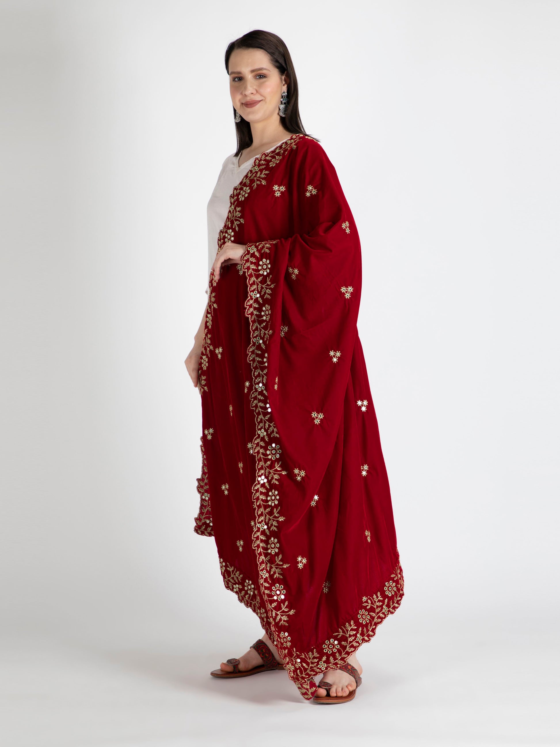 red embroidered velvet dupatta-MCRCVD7123-2