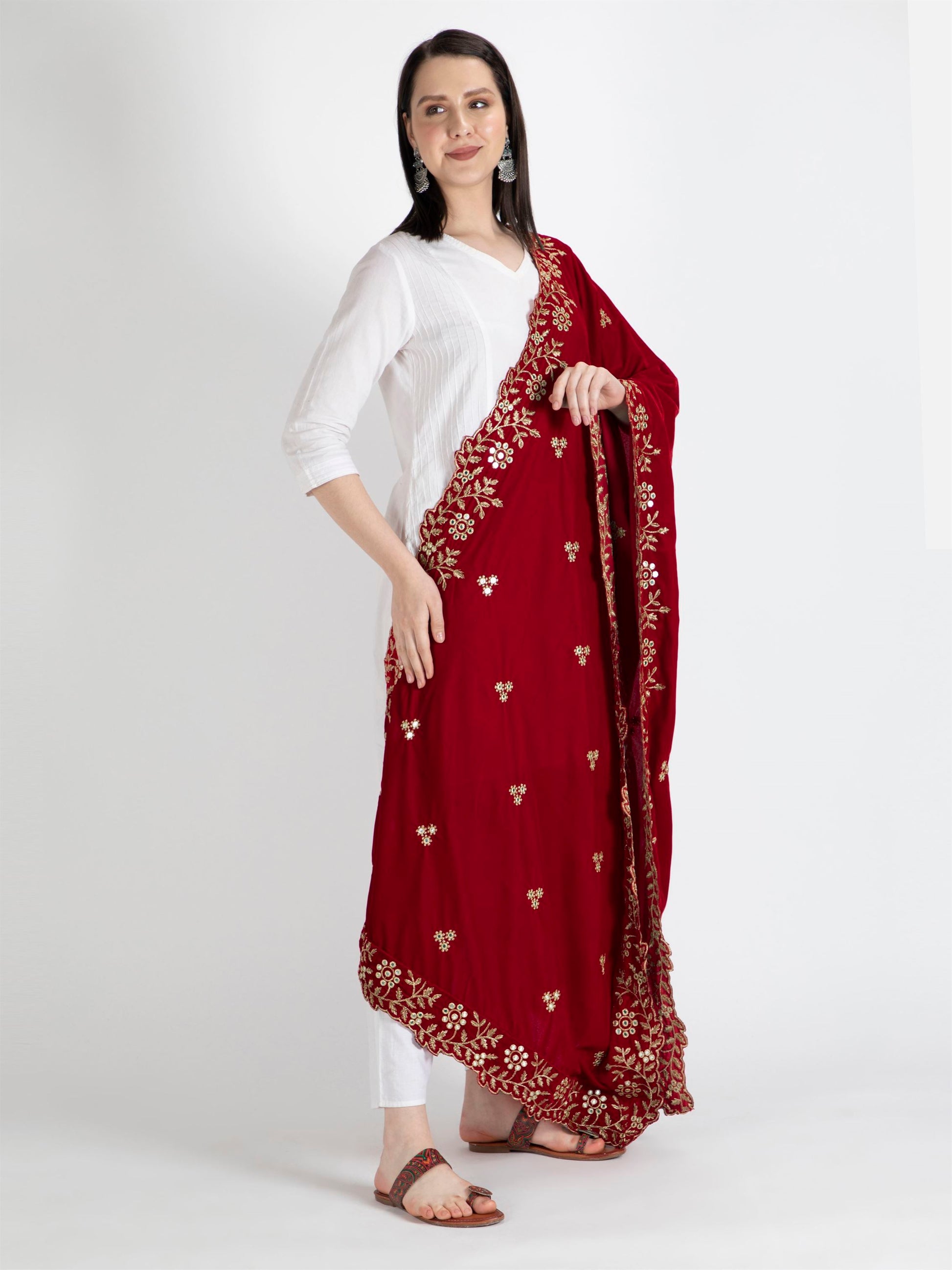 red embroidered velvet dupatta-MCRCVD7123-3