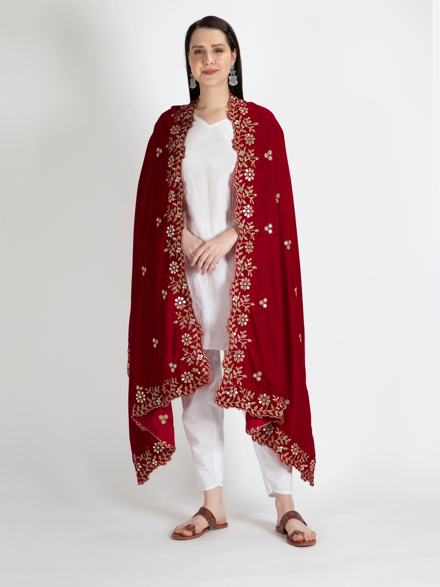 red embroidered velvet dupatta-MCRCVD7123-5