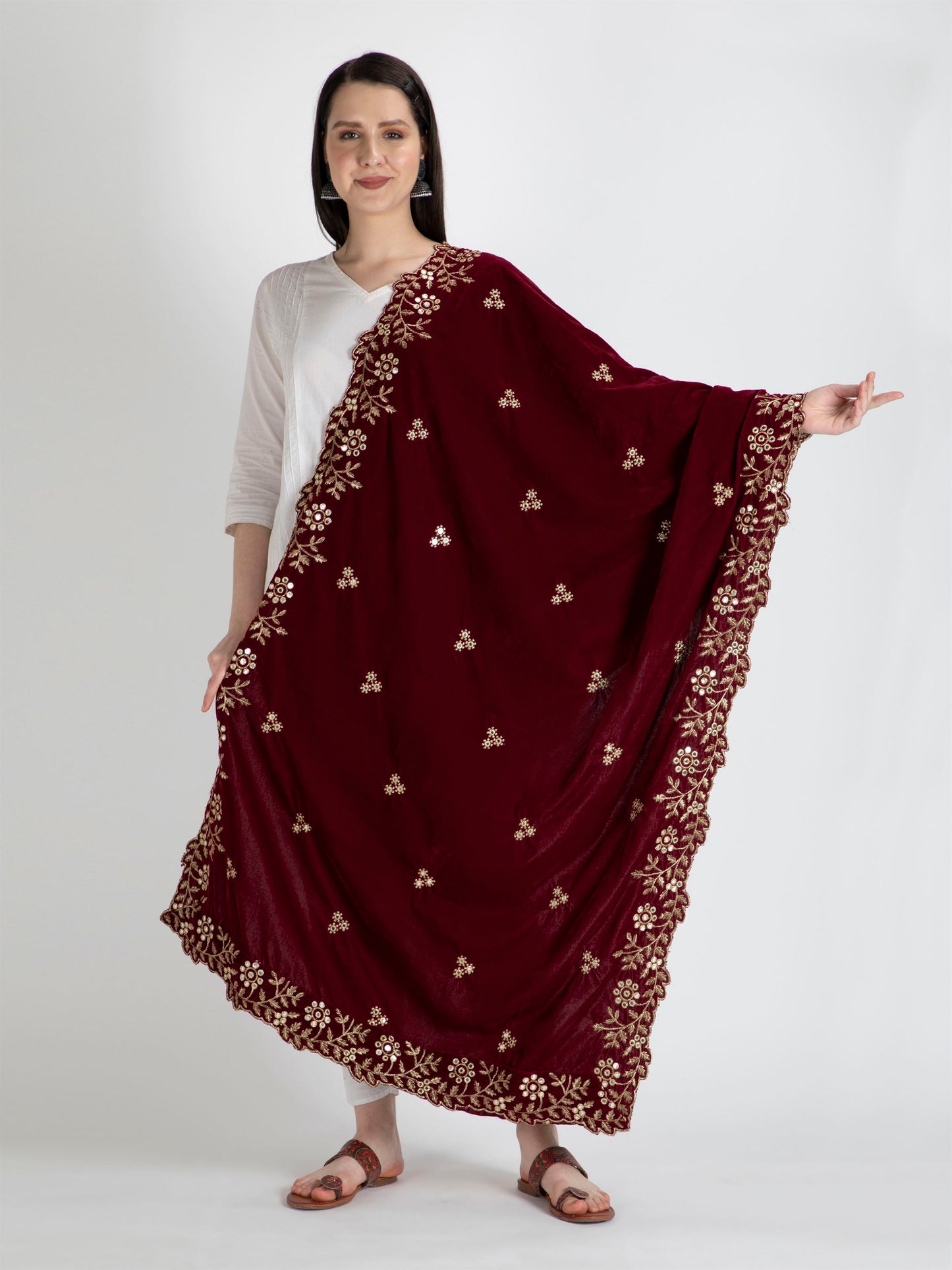 maroon embroidered velvet dupatta-MCRCVD7124-1