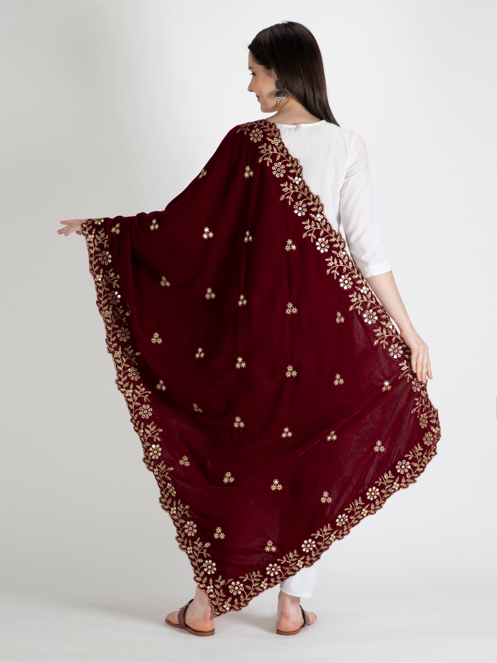 maroon embroidered velvet dupatta-MCRCVD7124-3