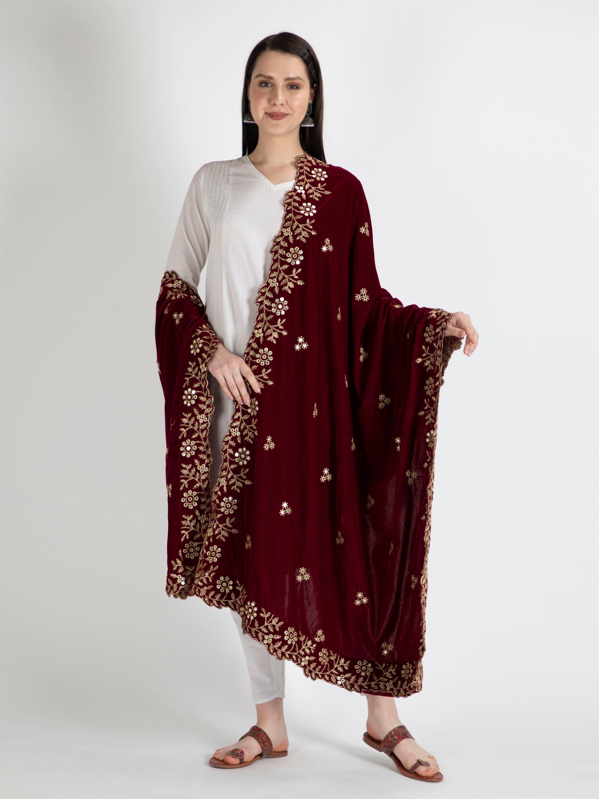 maroon embroidered velvet dupatta-MCRCVD7124-4