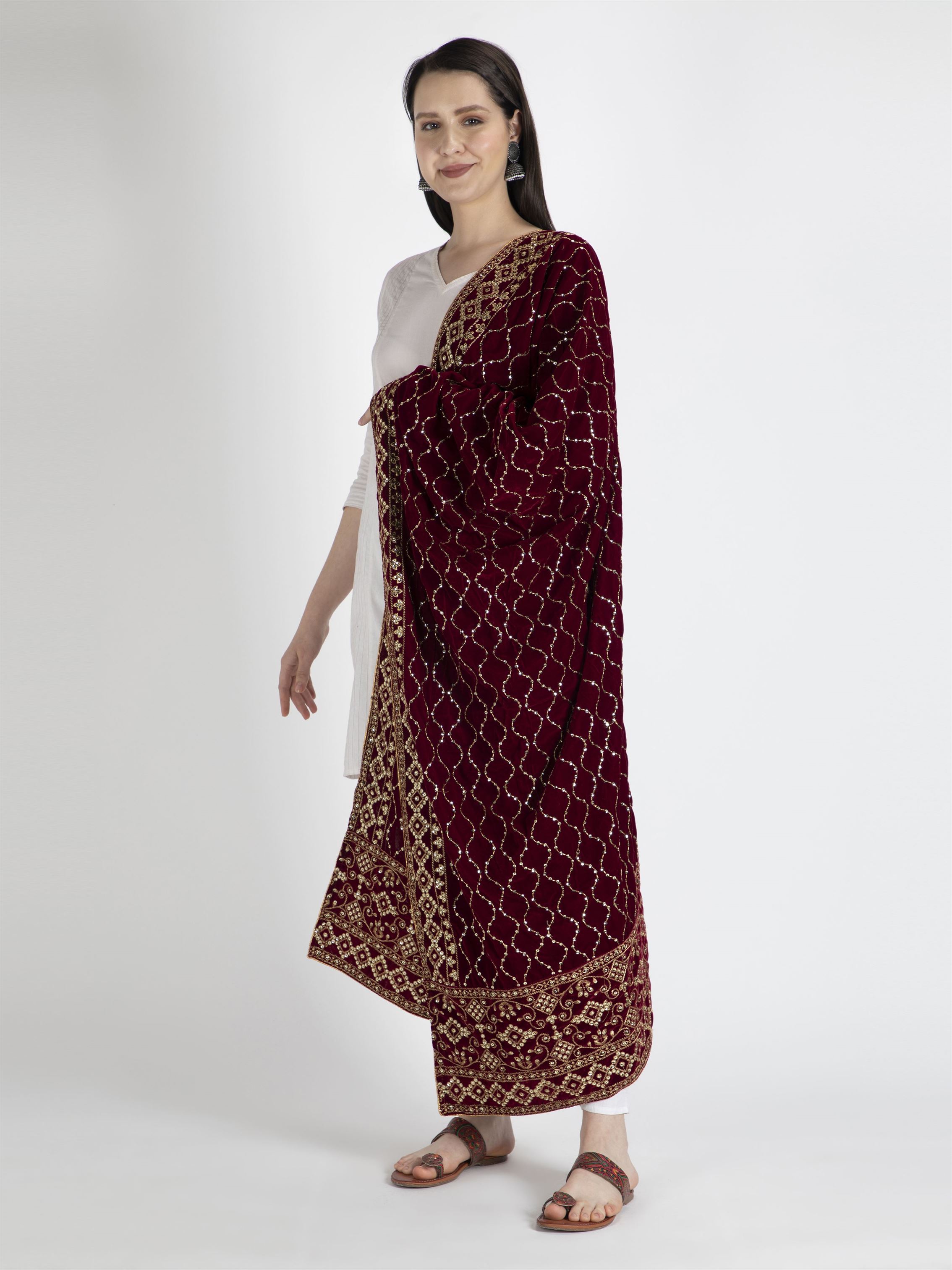 maroon embroidered velvet dupatta-MCRCVD7134-2