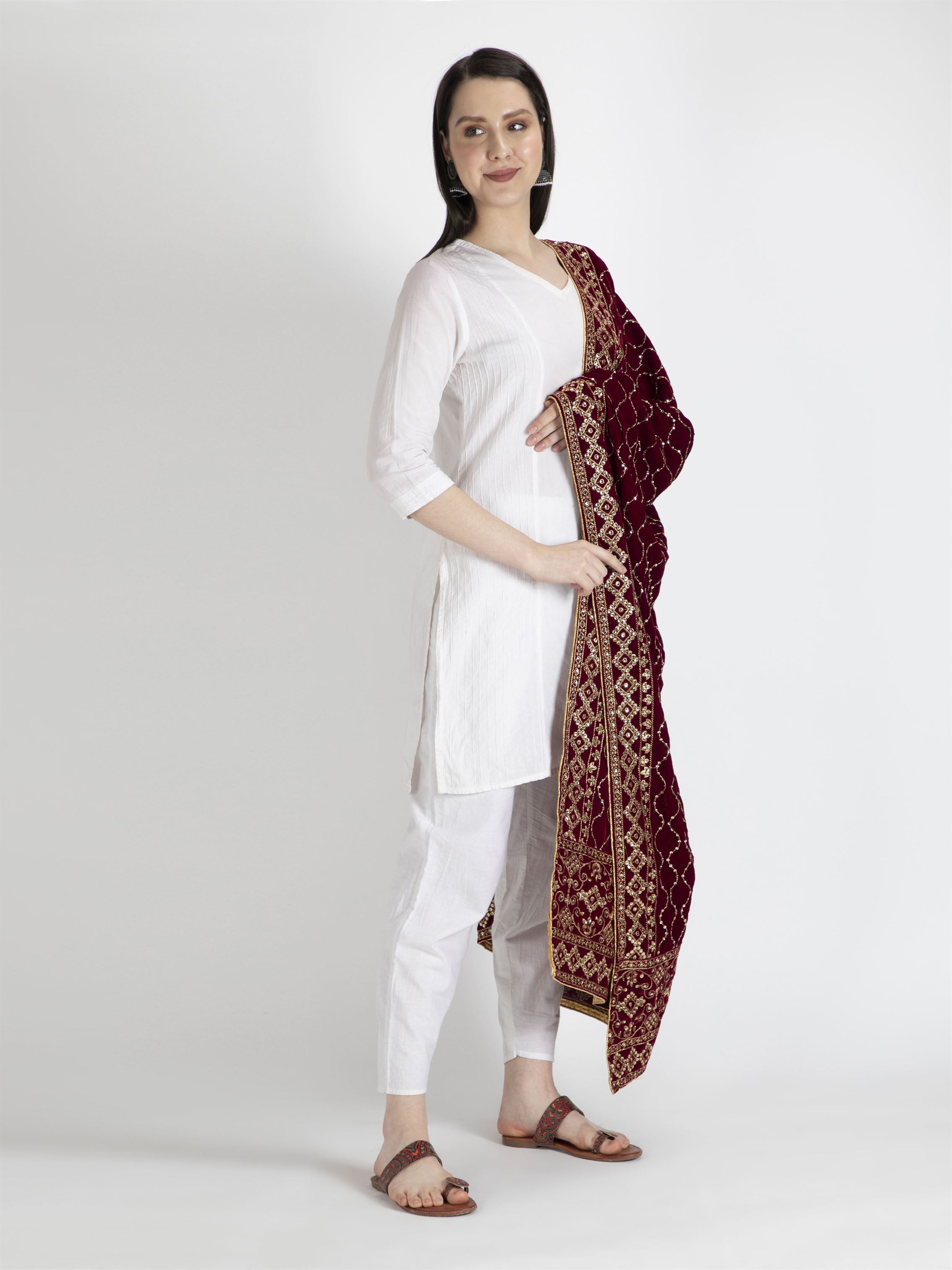 maroon embroidered velvet dupatta-MCRCVD7134-3