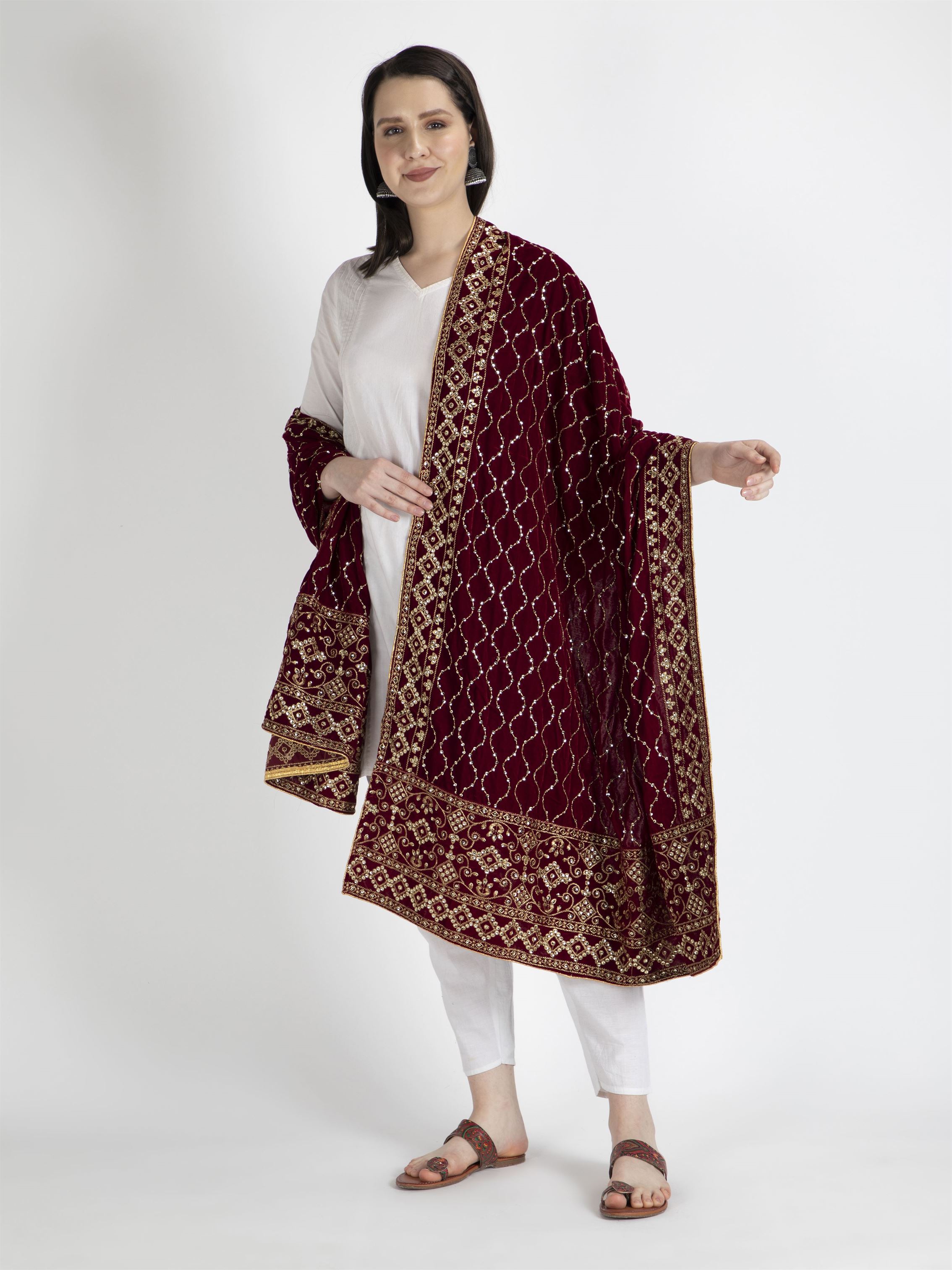 maroon embroidered velvet dupatta-MCRCVD7134-5