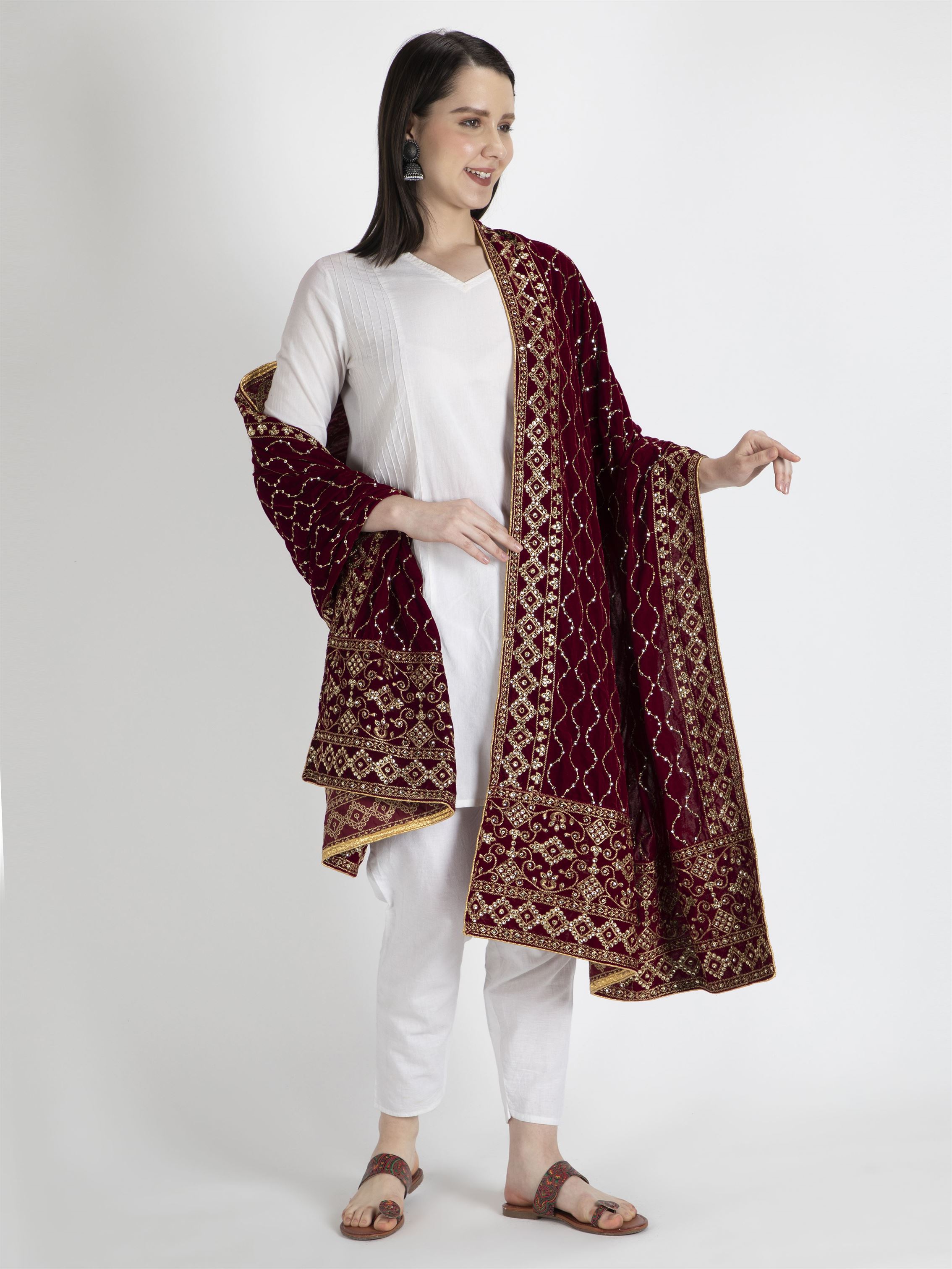 maroon embroidered velvet dupatta-MCRCVD7134-6