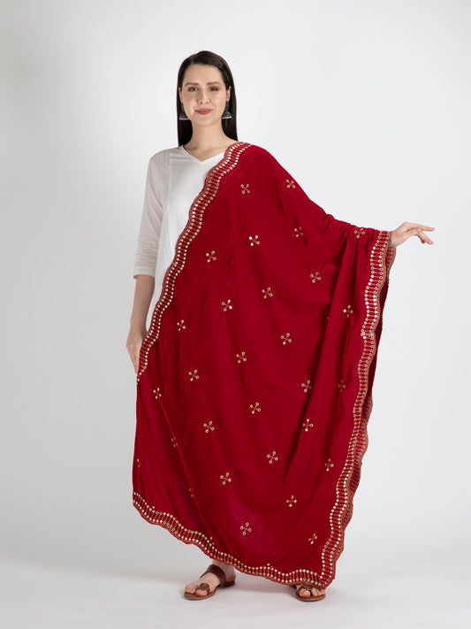 red embroidered velvet dupatta-MCRCVD7143-1