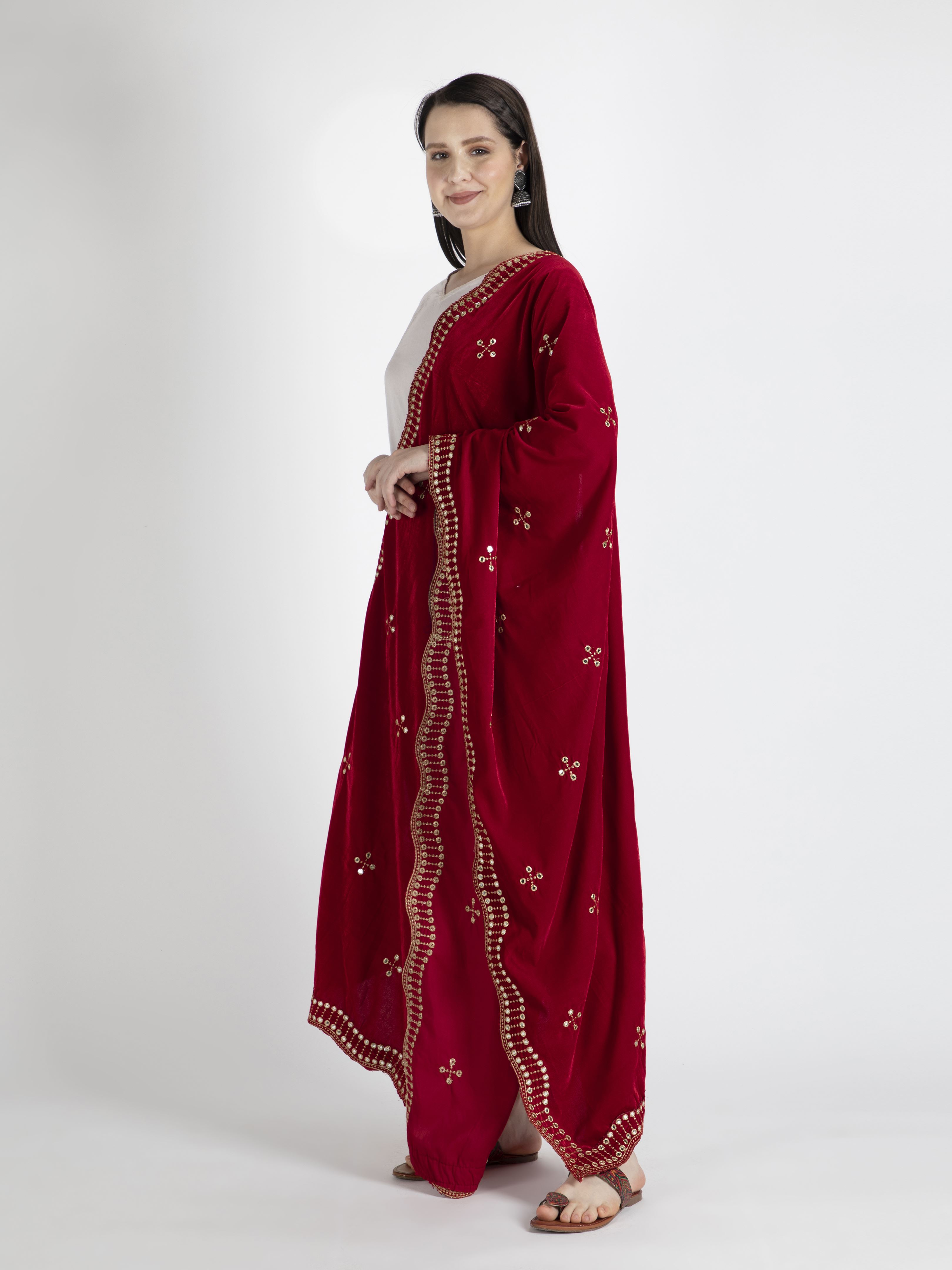 red embroidered velvet dupatta-MCRCVD7143-2