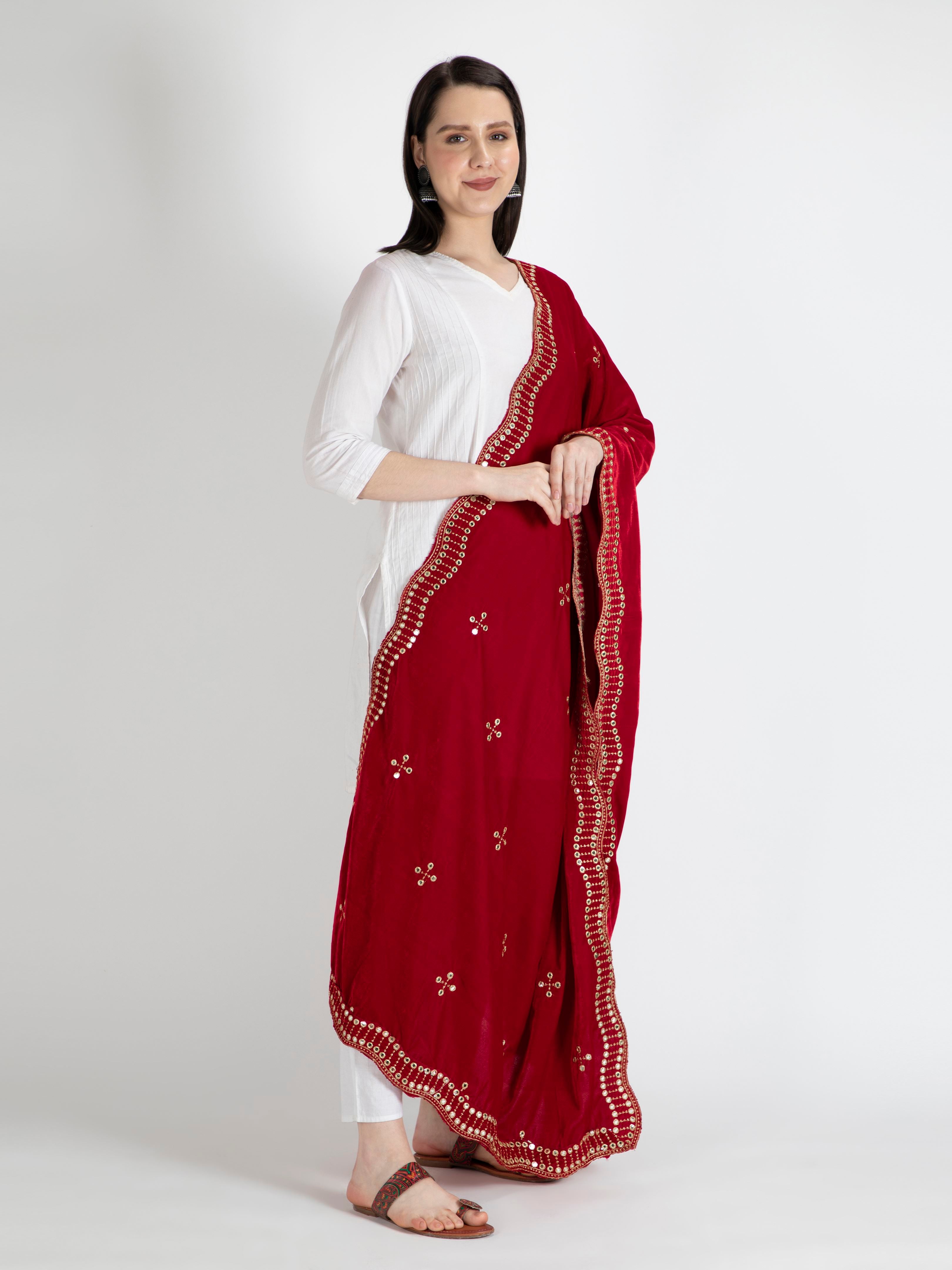 red embroidered velvet dupatta-MCRCVD7143-3