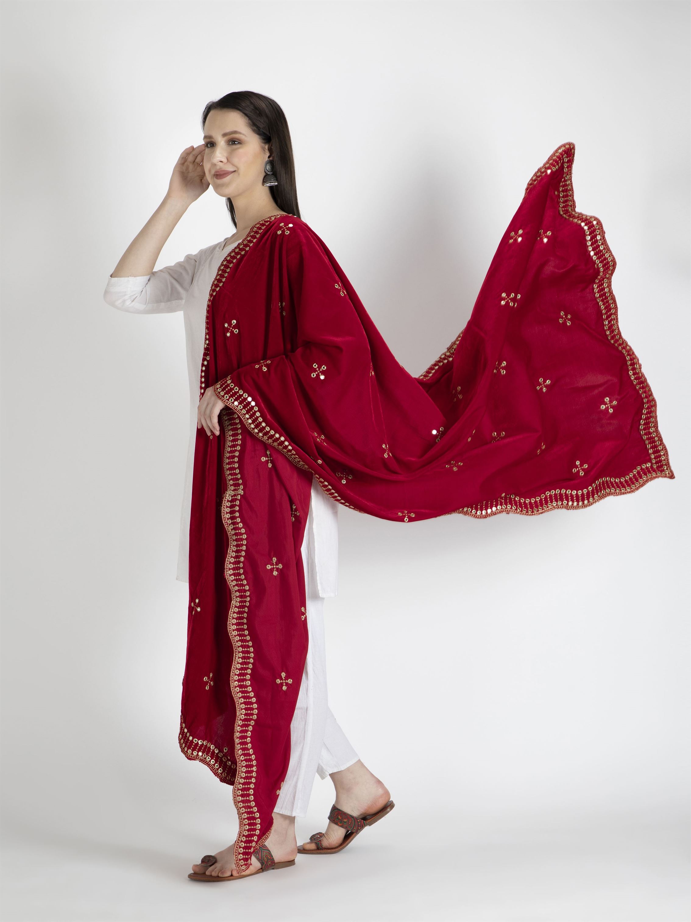 red embroidered velvet dupatta-MCRCVD7143-5