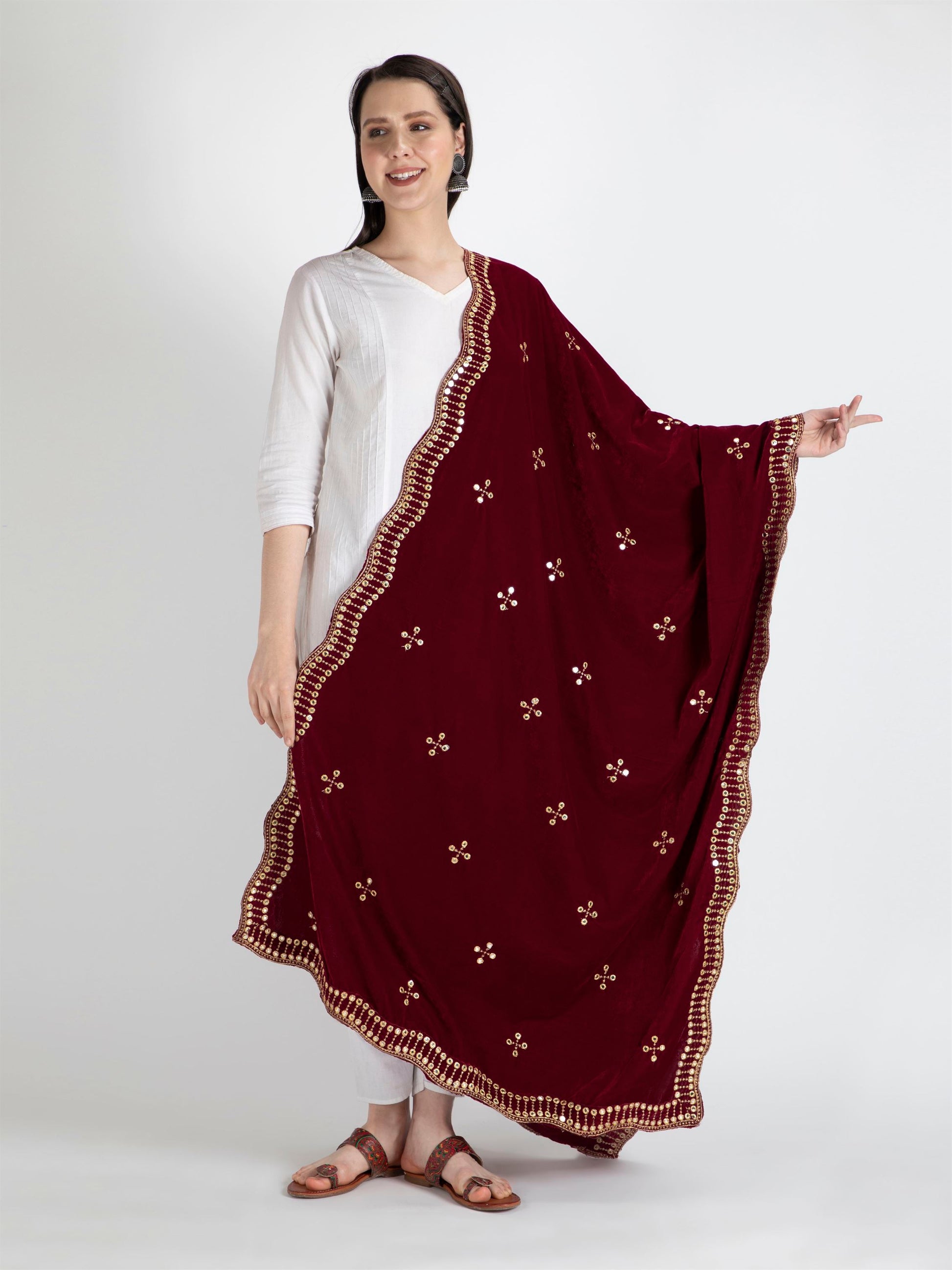 maroon embroidered velvet dupatta-MCRCVD7144-1