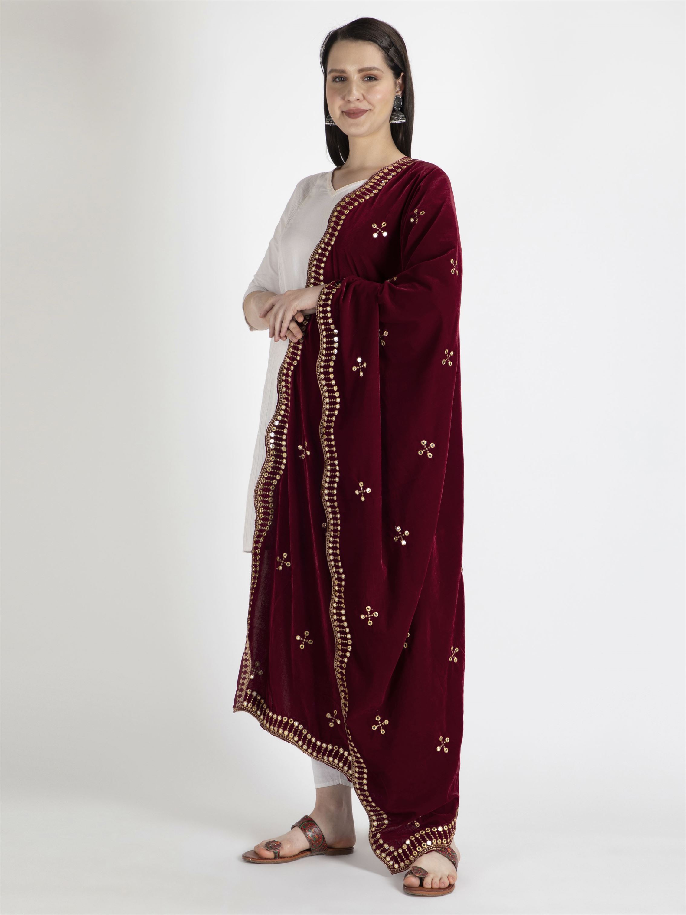 maroon embroidered velvet dupatta-MCRCVD7144-2