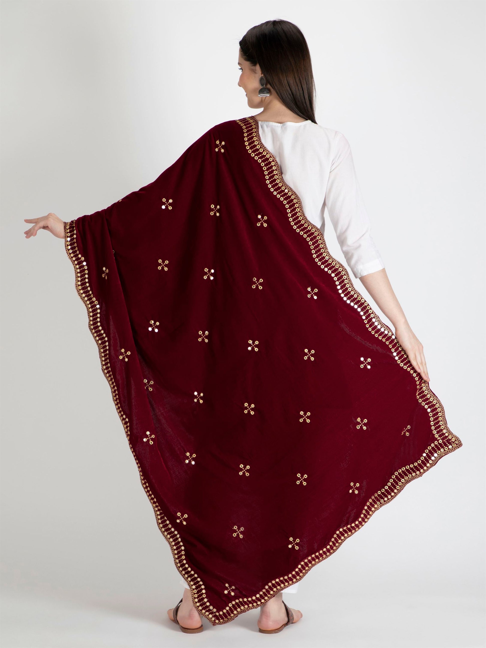 maroon embroidered velvet dupatta-MCRCVD7144-3