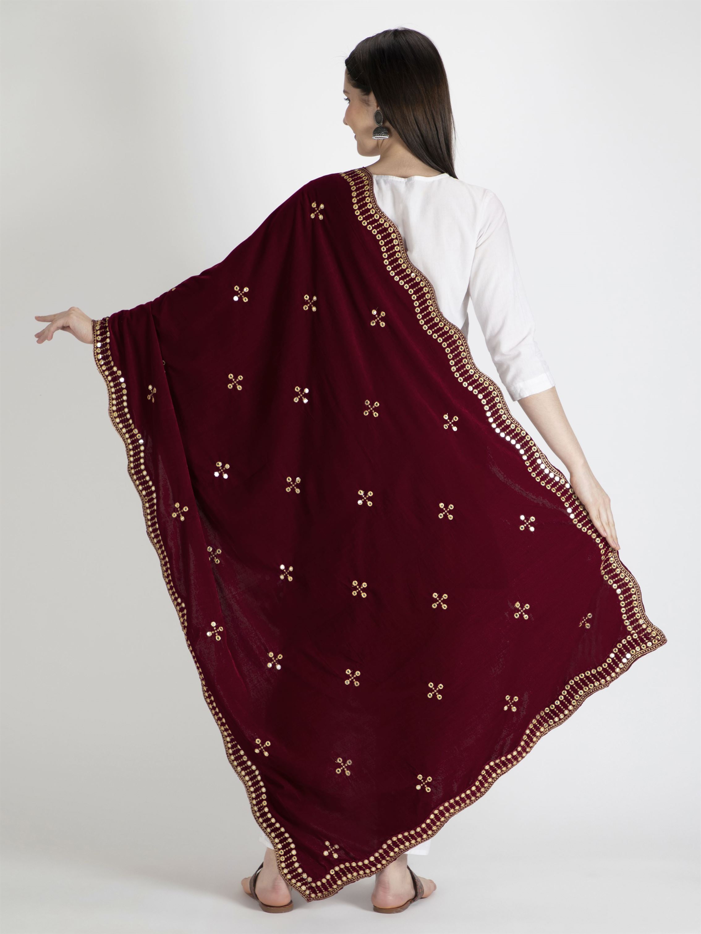 maroon embroidered velvet dupatta-MCRCVD7144-3