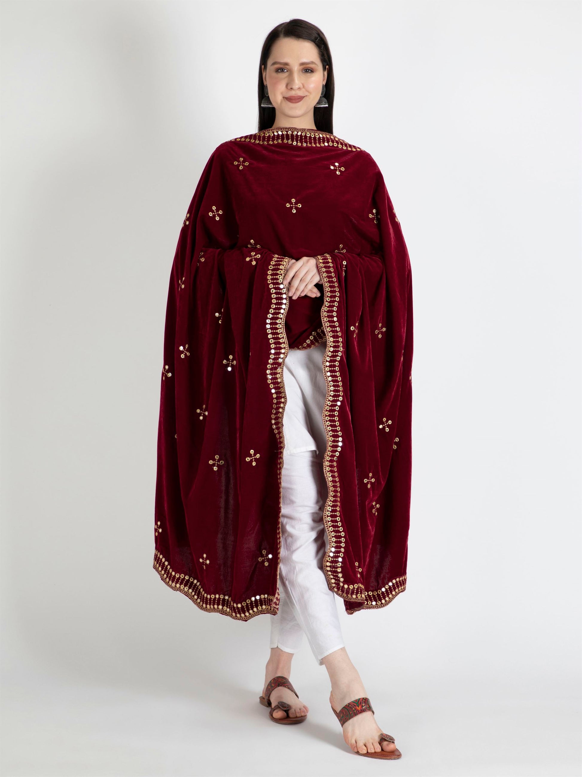 maroon embroidered velvet dupatta-MCRCVD7144-4