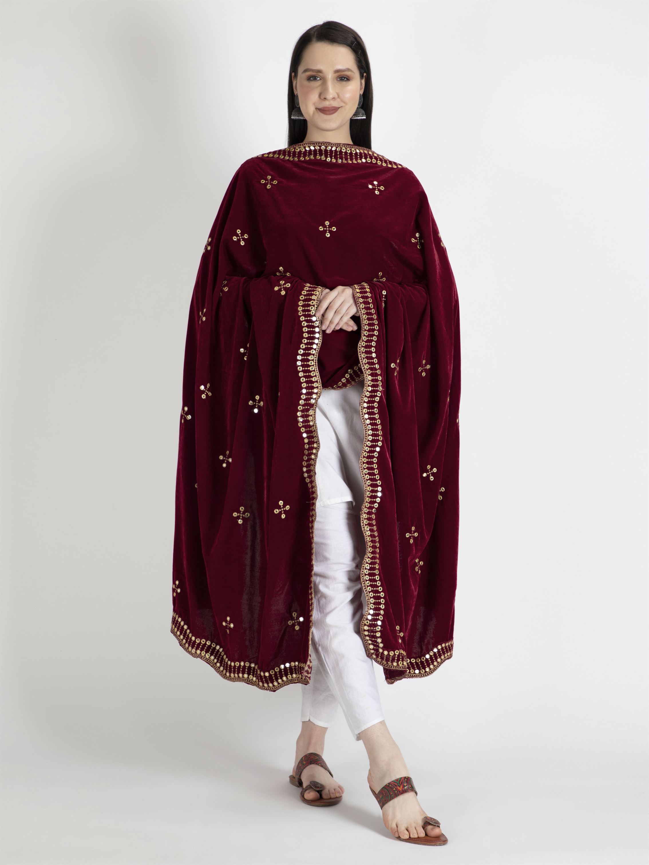 maroon embroidered velvet dupatta-MCRCVD7144-4