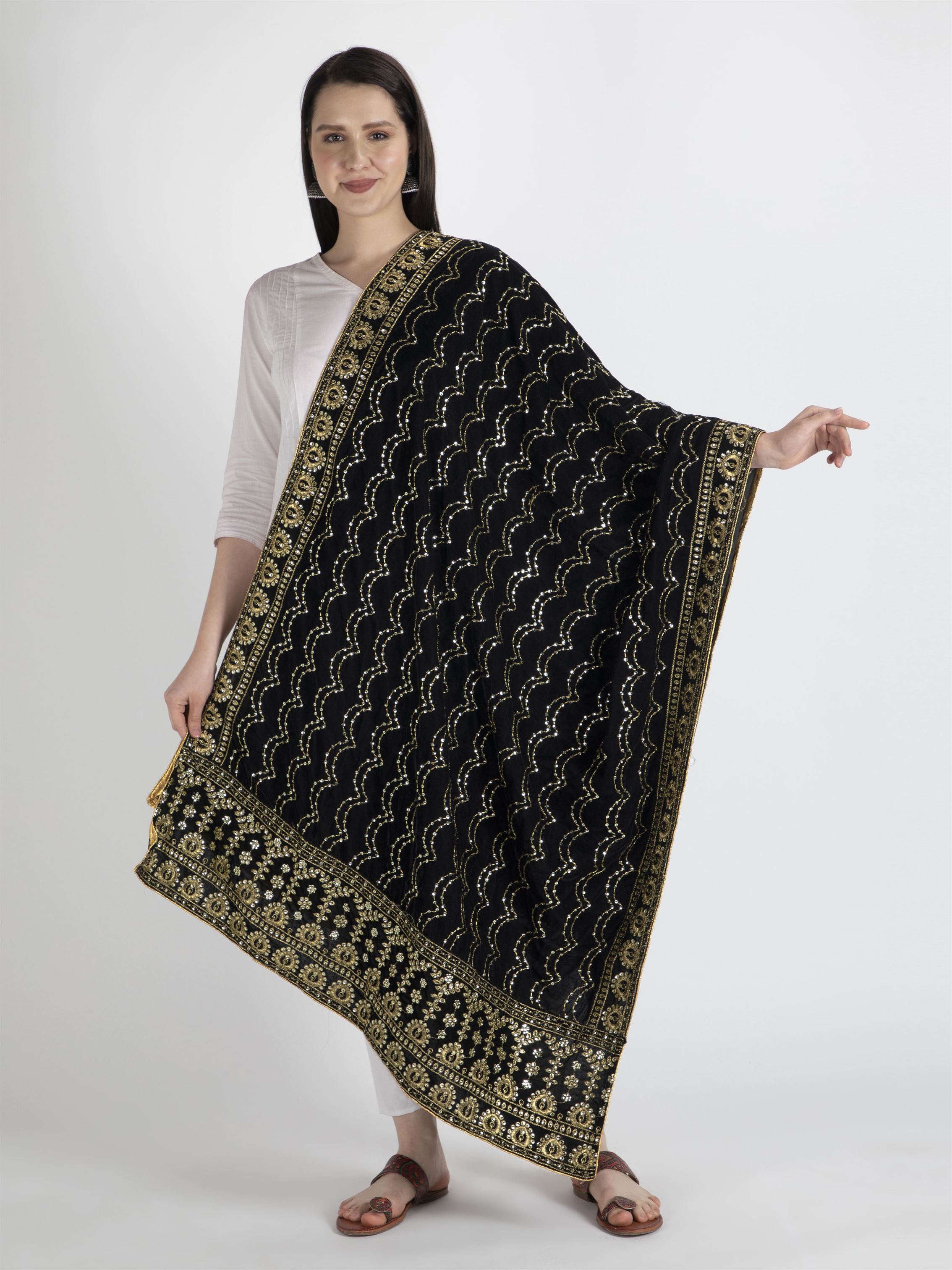 black embroidered velvet dupatta-MCRCVD7151-1